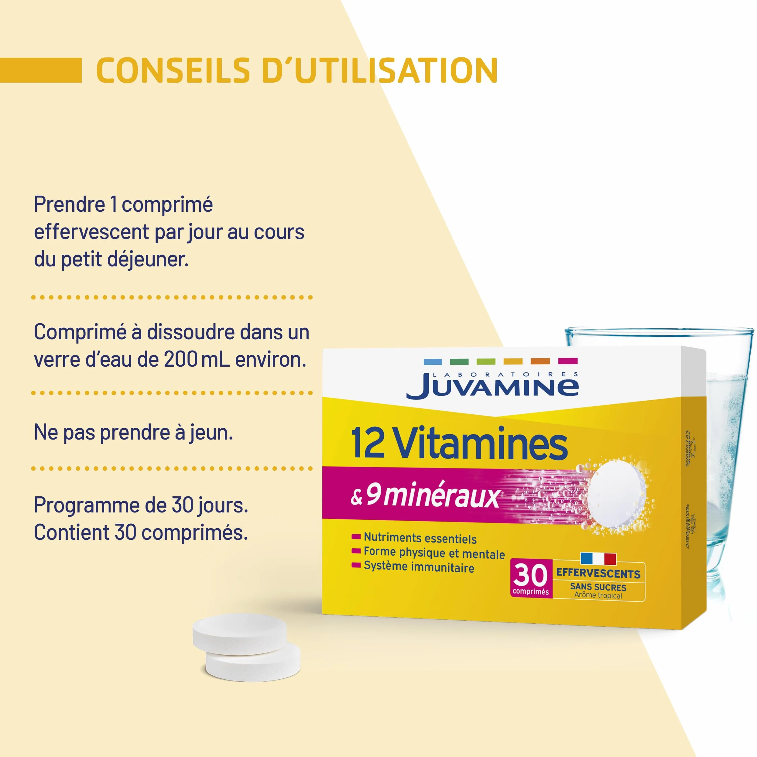 Juvamine 12 Vitamines & 9 Minéraux Effervescents Fatigue Stress Métabolisme Énergétique Immunité 30 Comprimés Arôme Tropical Fabriqué en France