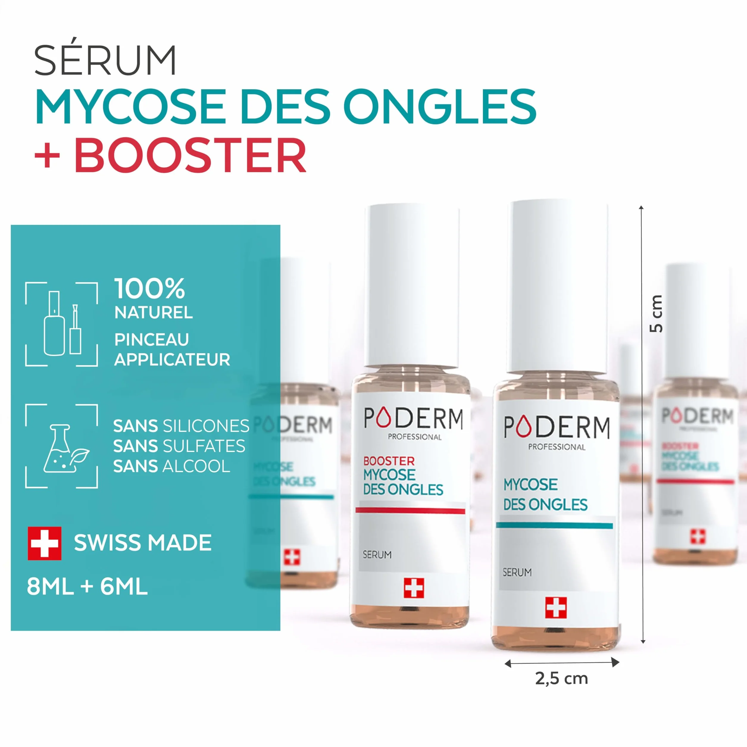 PODERM 2en1 Traitement Mycose Ongles des Pieds Pack Duo Sérum Booster Soin Puissant Rapide Ongles Jaunes Cassants Abîmés 100% Naturel Podologue Suisse