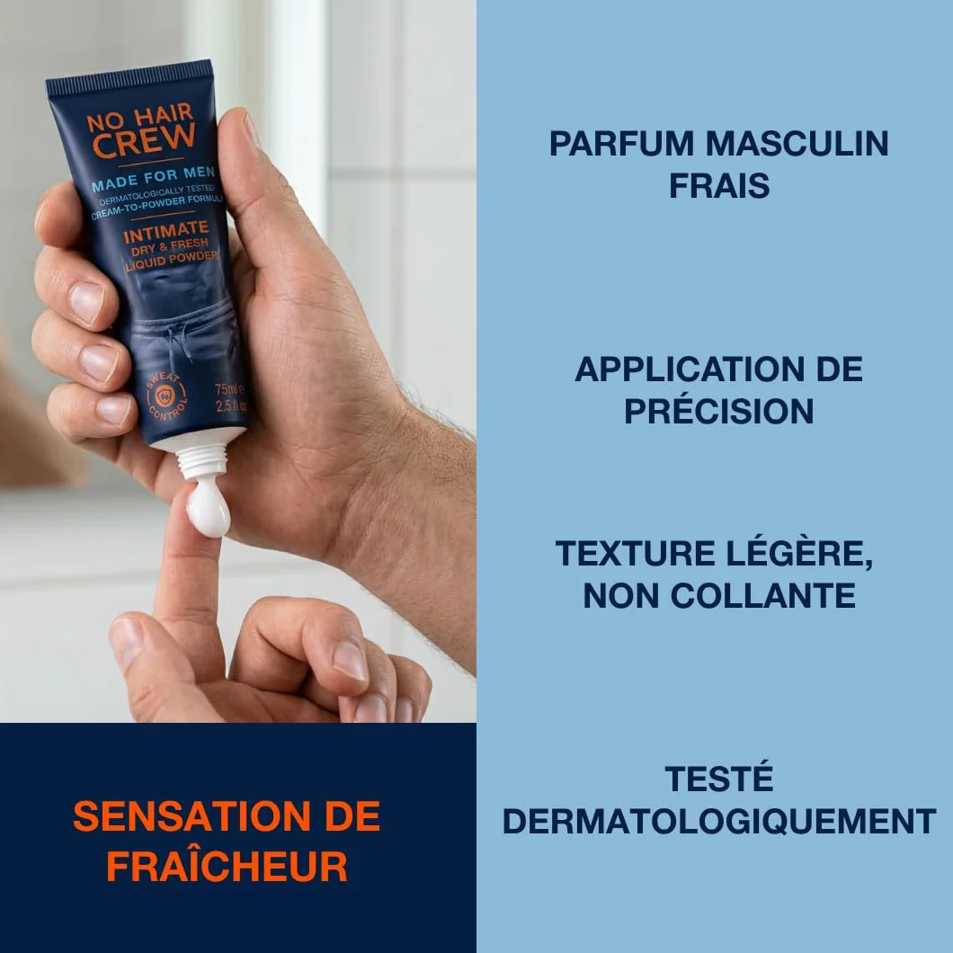 NO HAIR CREW Poudre Liquide Homme 75 ml – Crème anti-frottements pour zones intimes, aine et cuisses – Contrôle transpiration & odeurs