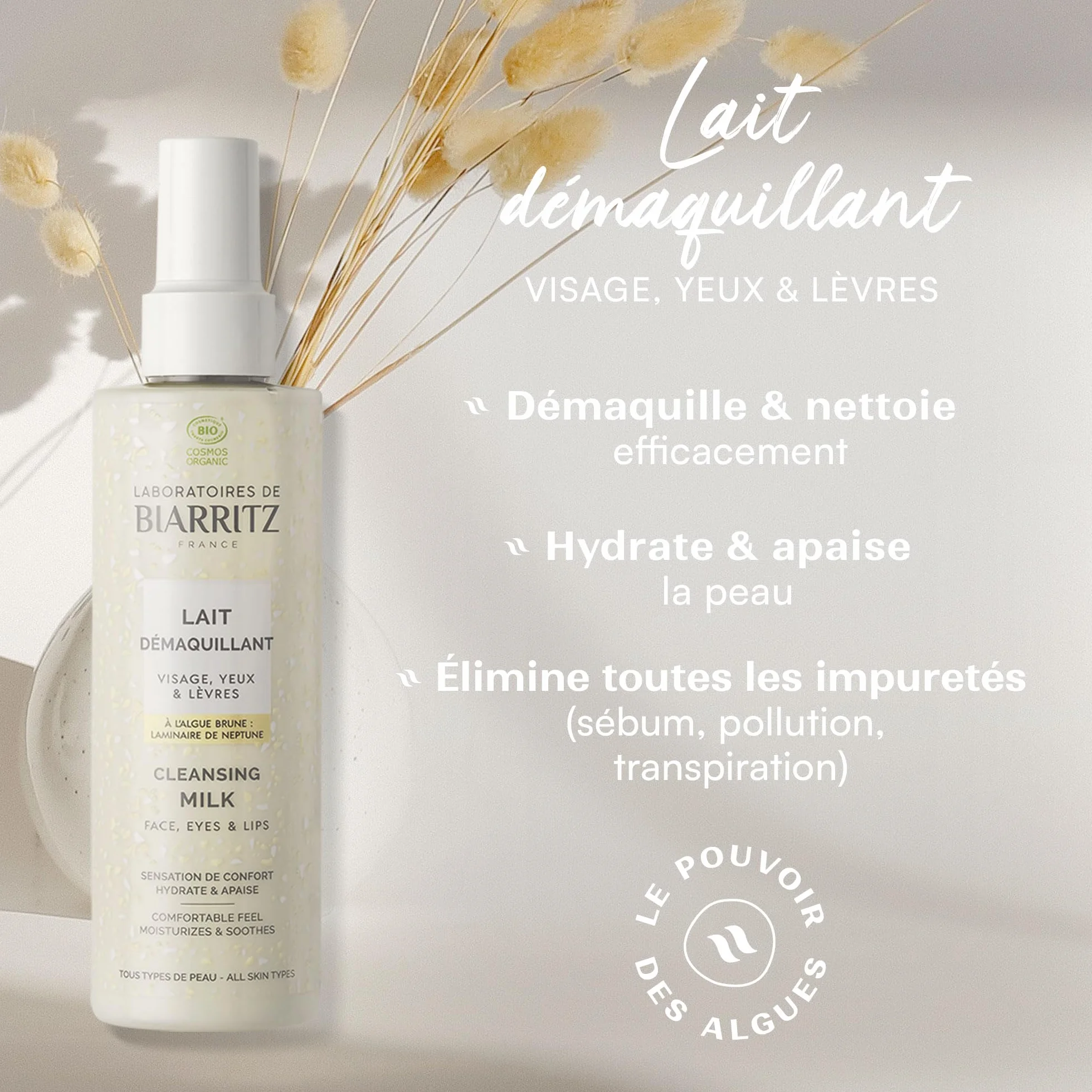Laboratoires de Biarritz - Lait Démaquillant Visage, Yeux & Lèvres Certifié Bio - Hydrate et Apaise - Sensation de Confort - 200 ml - Fabriqué en France
