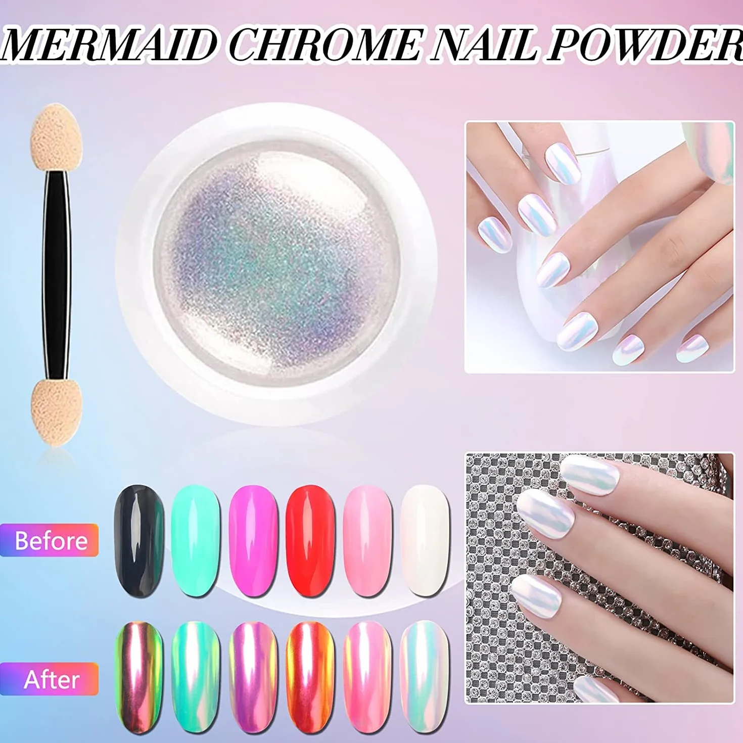 Poudre Perles Chromées et Coquillages Blancs, Pigments Chrome Magiques avec Paillettes pour Ongles