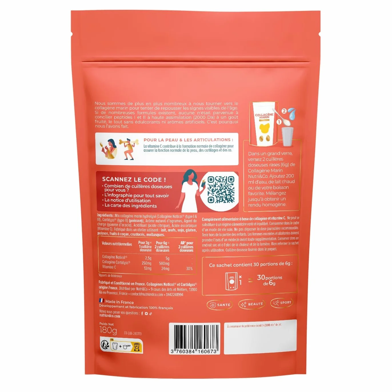 NUTRI & CO Collagene Marin Poudre Types 1, 2, 3 + Vitamine C, Naticol® & Cartydiss®, Peptides Hydrolysés 2000 DA, 180g, Citron