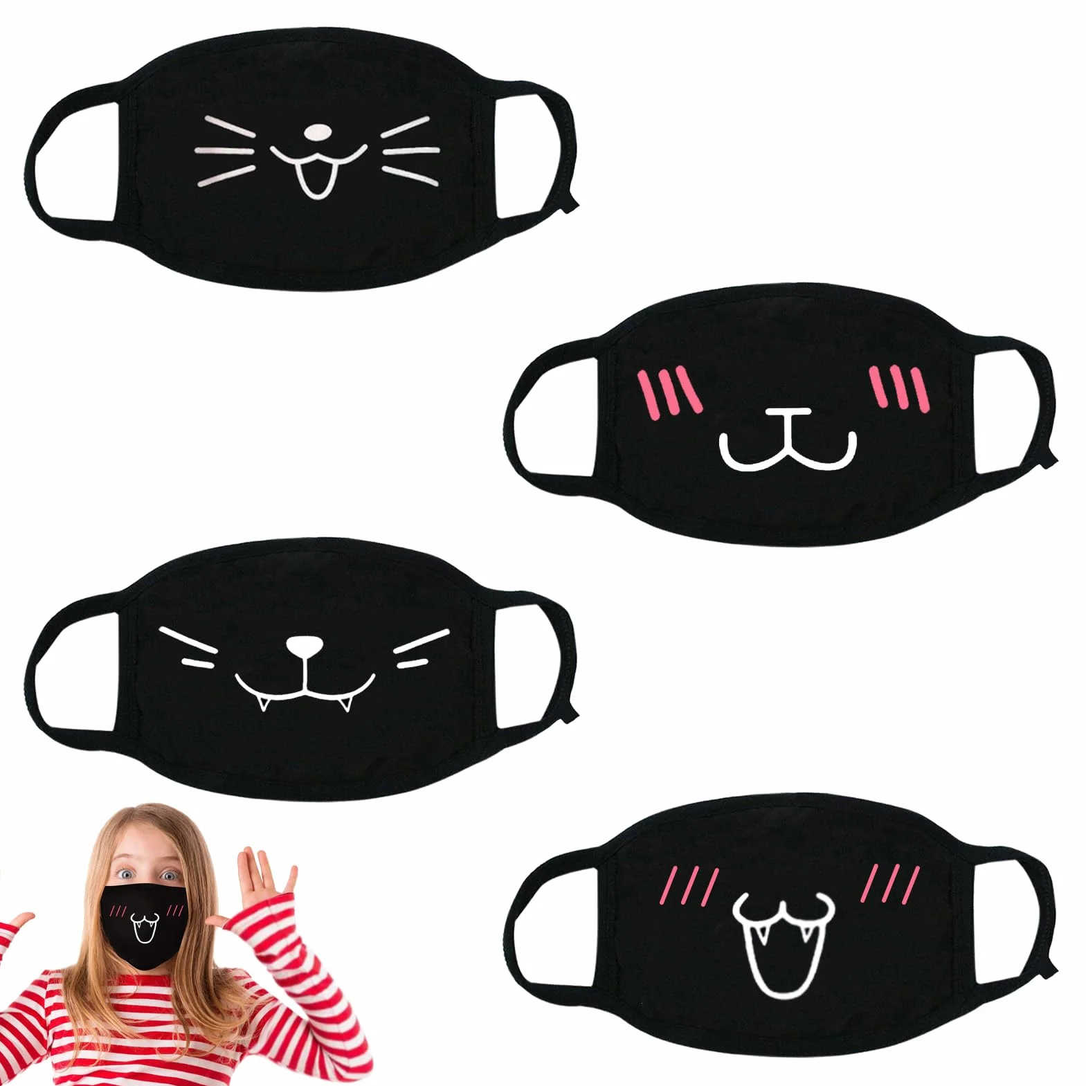 Lot De 4 Masques Faciaux Femboy Noirs Avec Motifs De Dessins Animés Anti Poussière En Coton
