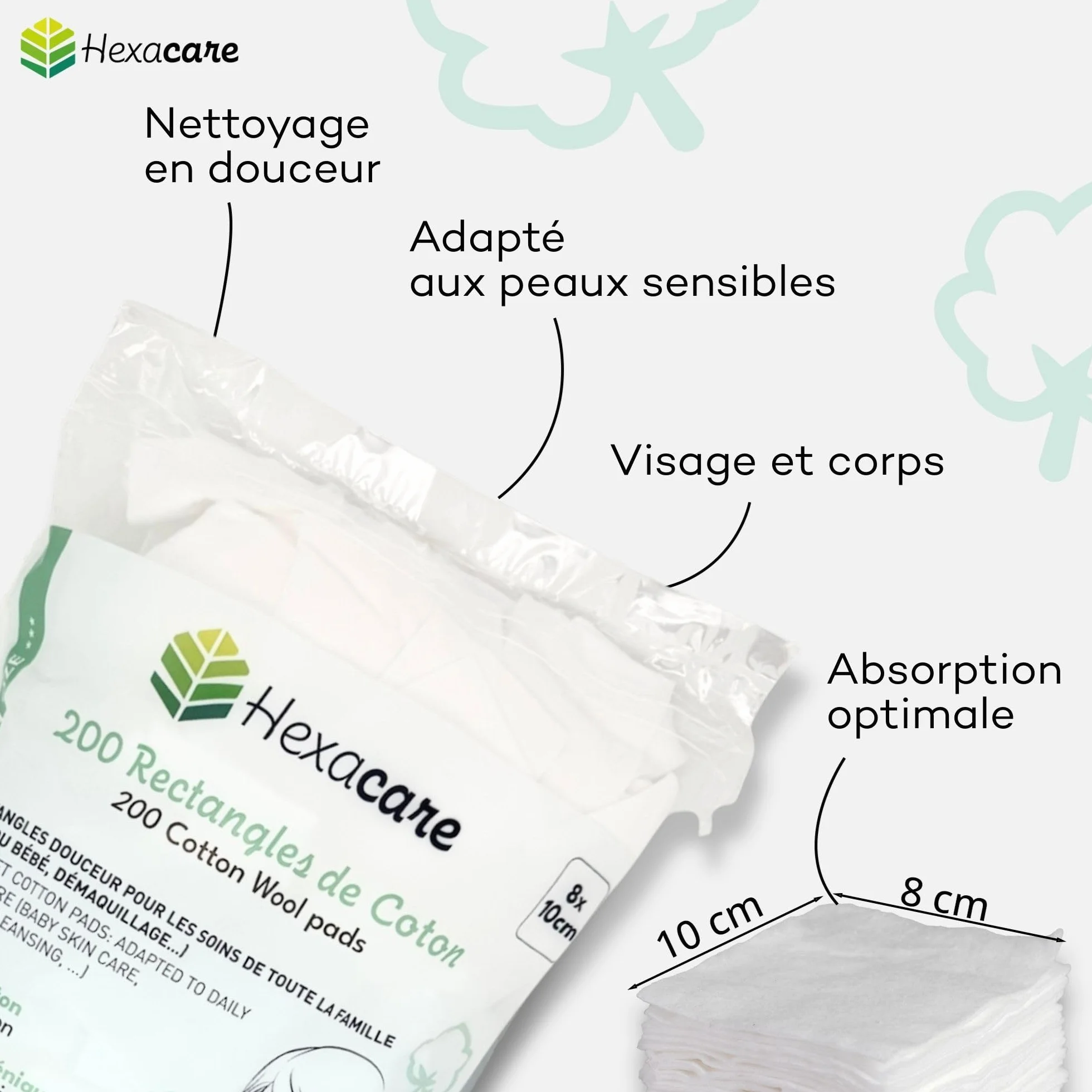 Hexacare Lot de 10 Paquets de 200 Rectangles de Coton 8x10 cm Extra Doux pour Bébé et Démaquillage 100% Fibres Naturelles Hypoallergénique