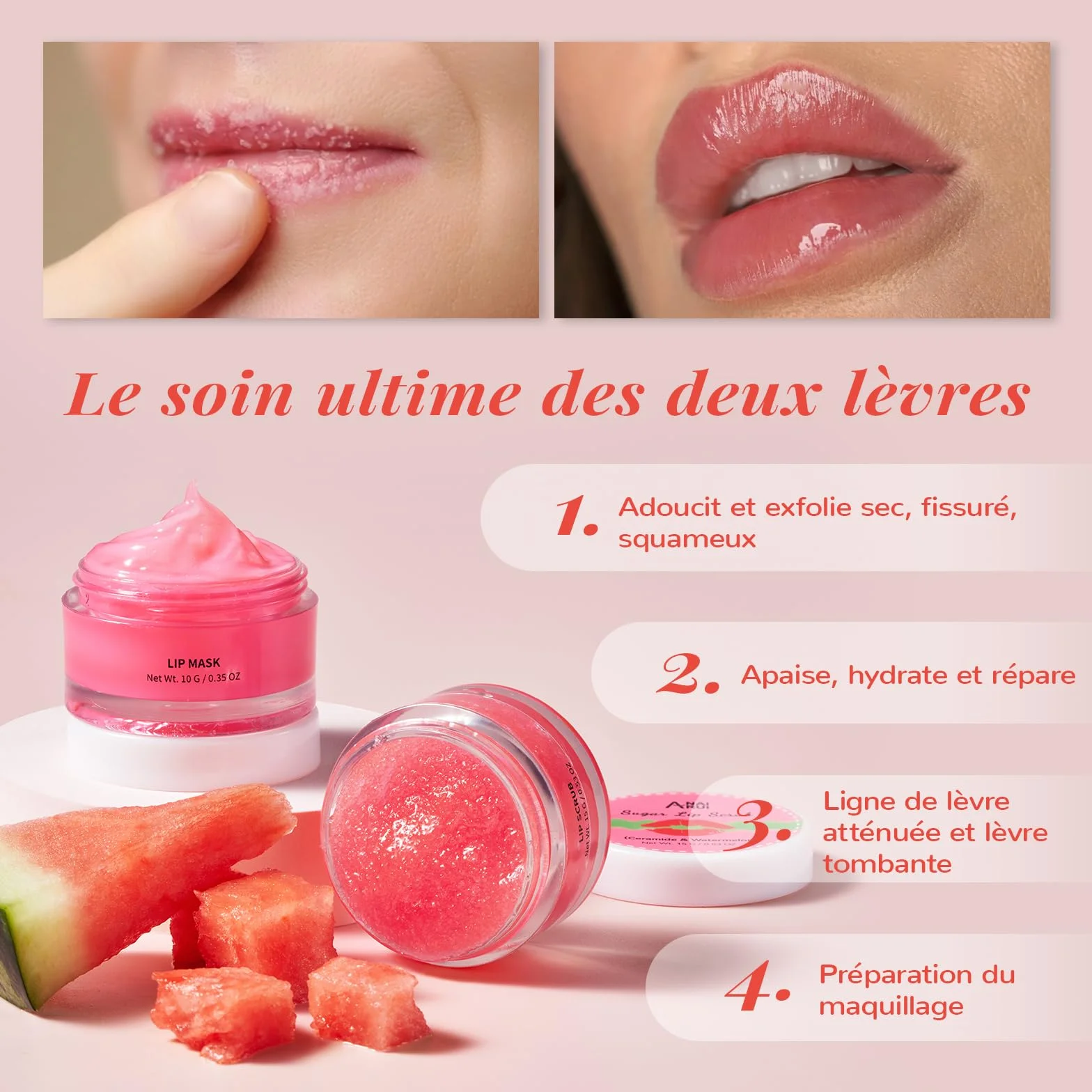 Coffret gommage et baume à lèvres, masque de nuit aux céramides et à la pastèque, soin lèvres sèches et gercées