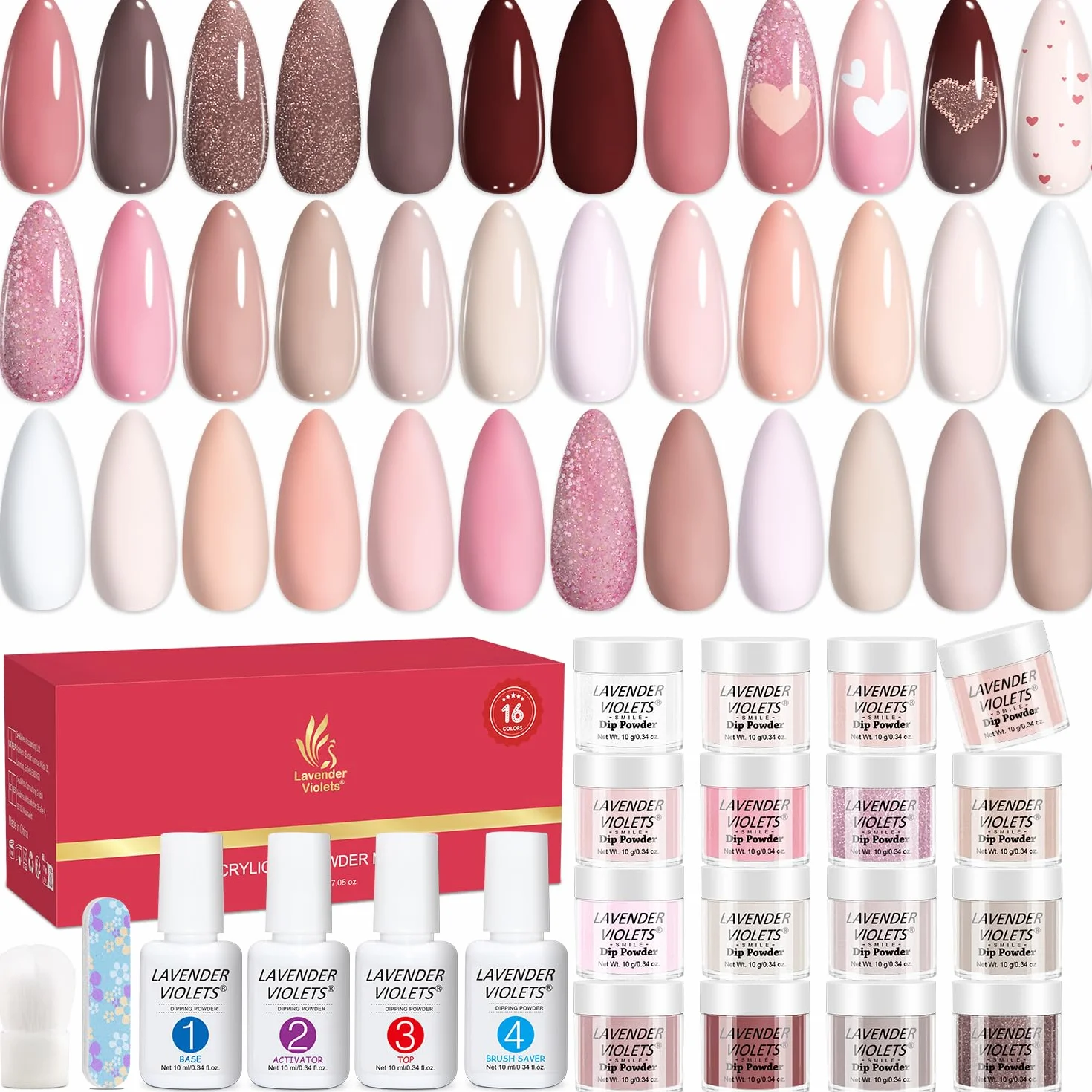 Lavender Violets 20 Pcs Dipping Powder Nail Kit French Nude Poudre Starter Base Top Coat Activateur Brush Saver M962