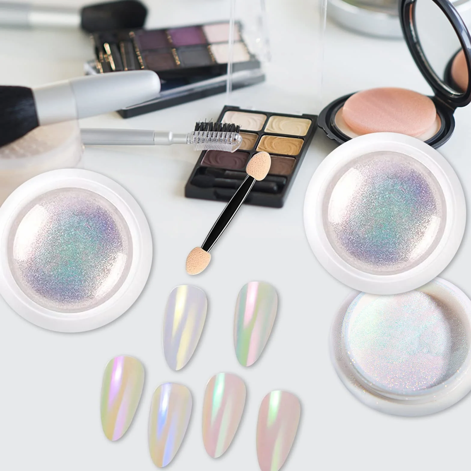 Poudre Perles Chromées et Coquillages Blancs, Pigments Chrome Magiques avec Paillettes pour Ongles