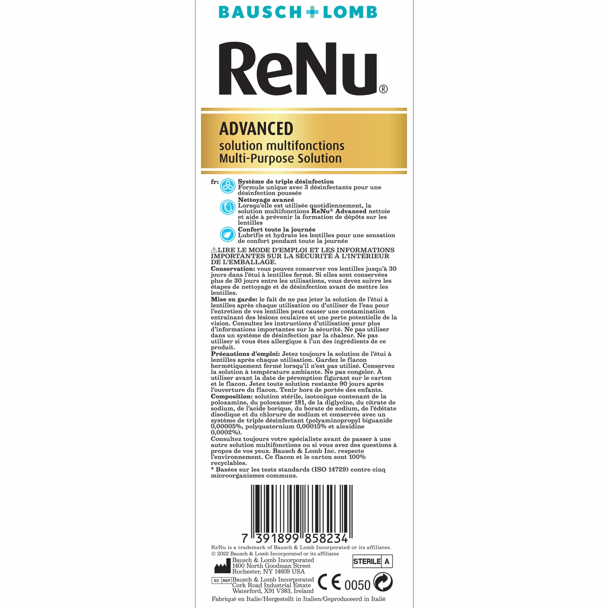 ReNu Advance Solution Lentilles de Contact Souple Triple Désinfection 3 x 360ml