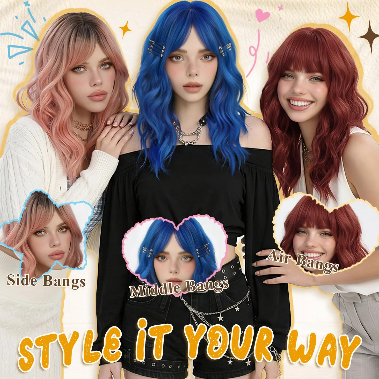 RUWISS Perruque Ondulée Brun Foncé Mi-longue 50 cm avec Frange, Naturel Layered Perruques pour Femme Cheveux Synthétiques Résistantes pour Usageet Quotidien et Cosplay