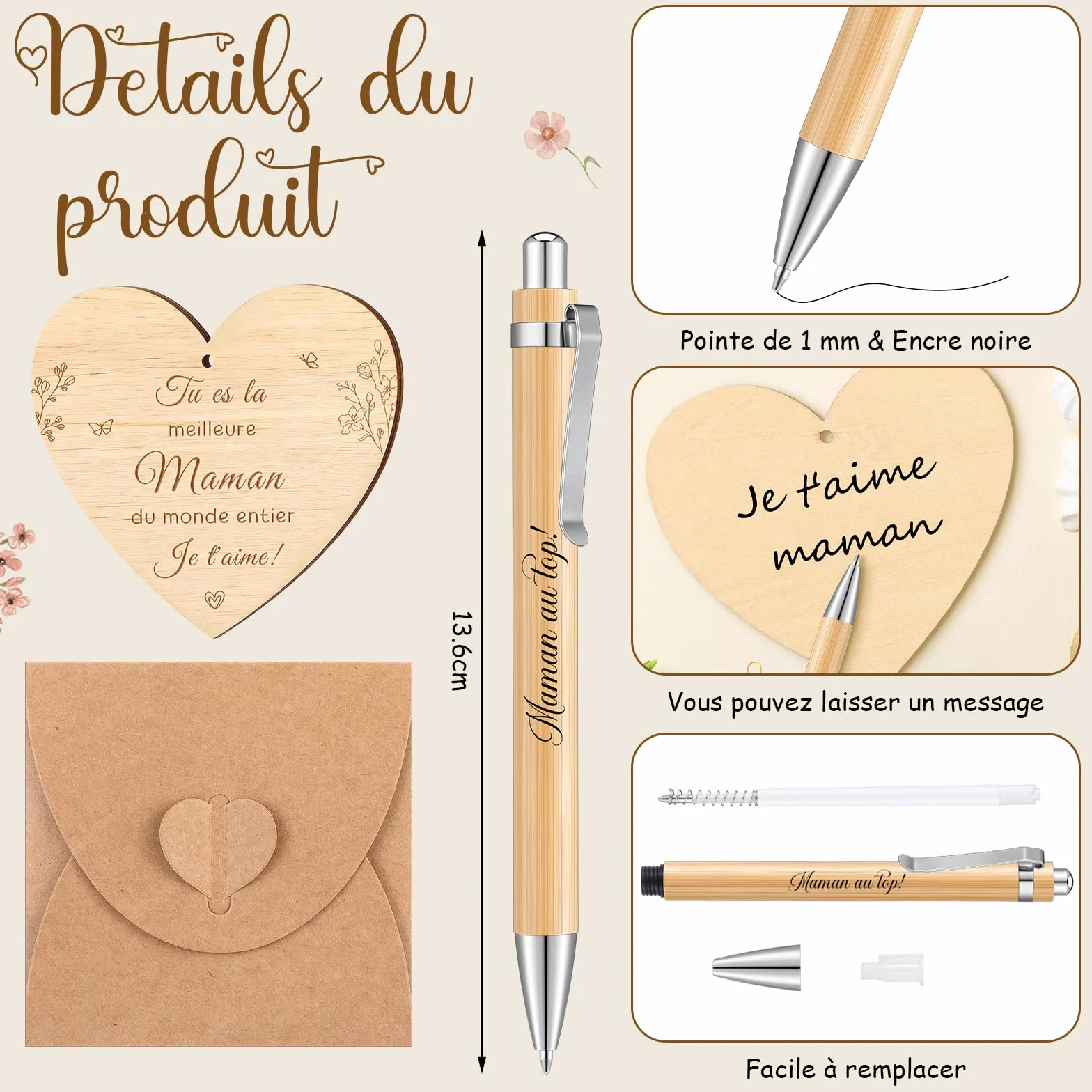 Coffret Cadeau pour Maman Trousse de Maquillage Porte-Clés Stylo à Bille Carte de vœux en Bois en Forme de cœur Enveloppes Fête des Mères Anniversaire Noël
