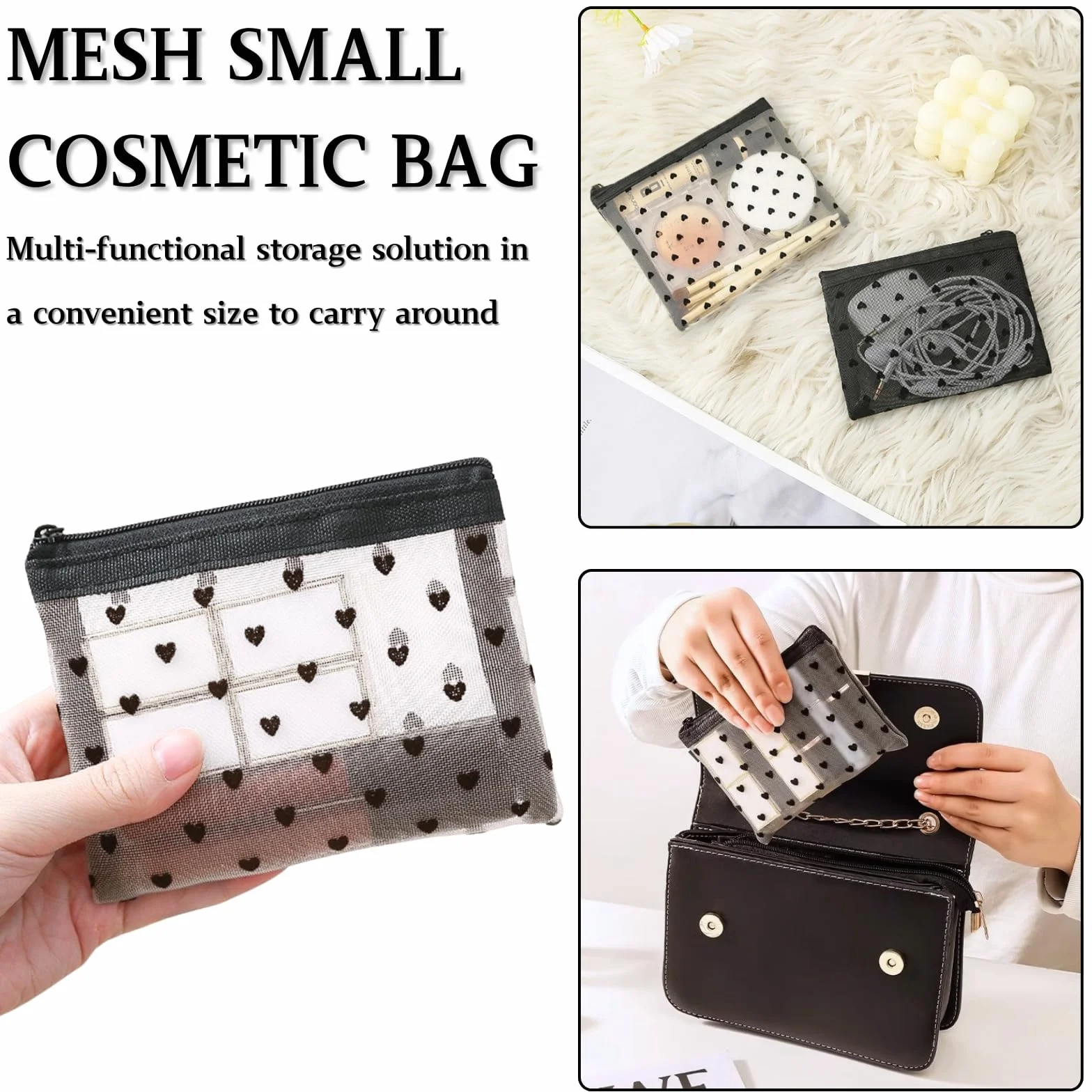 Petit Trousse de Toilette Imperméable Noir & Beige Mini Pochette Maquillage Voyage