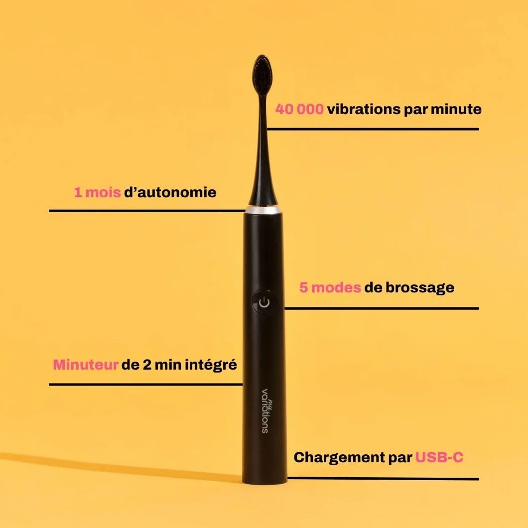 Brosse à Dents Électrique Sonique Noire Autonomie 1 Mois 5 Modes USB-C
