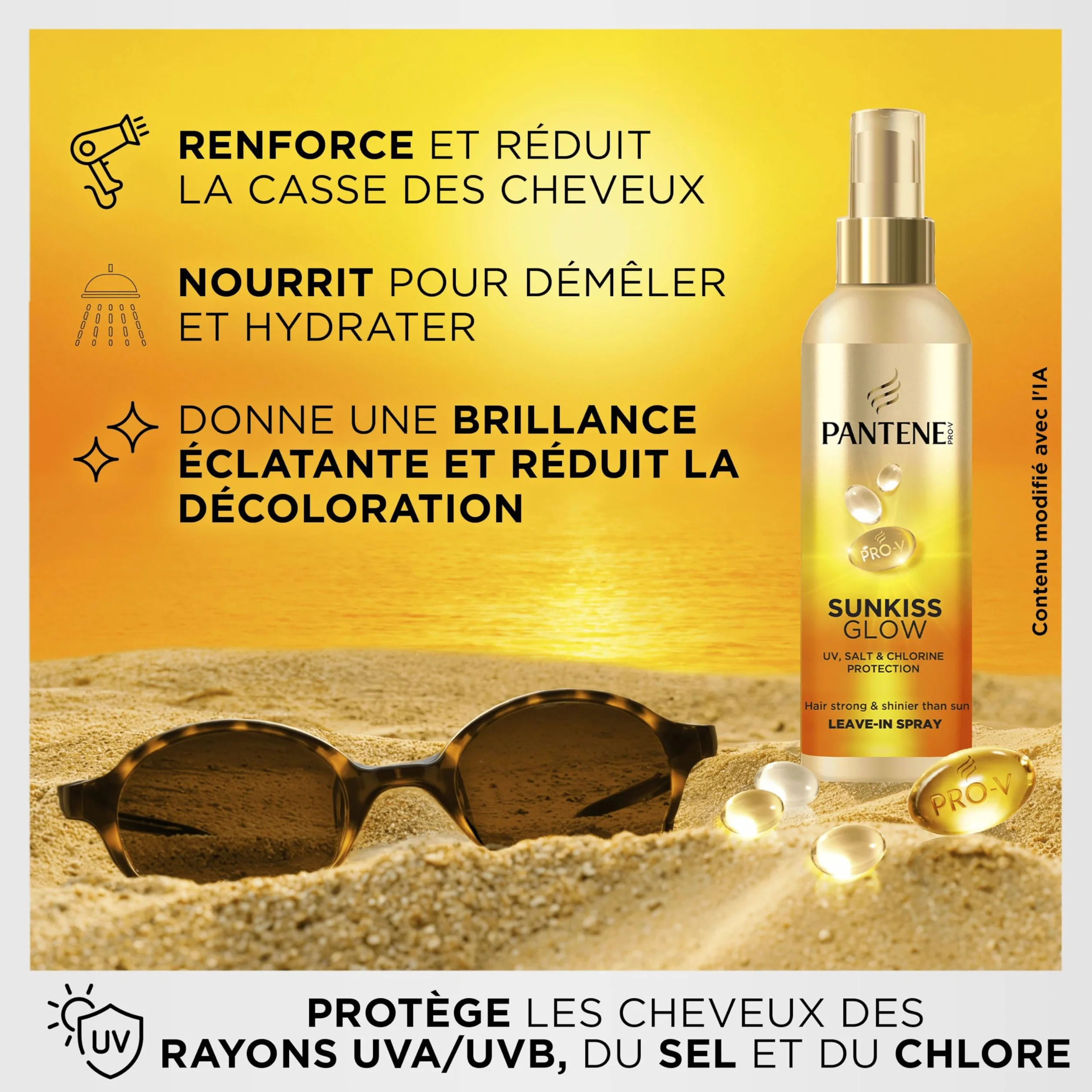 Pantene Pro-V Sunkiss Glow Spray sans rinçage 200ml protecteur UVA UVB sel chlore nourrissant démêlant cheveux forts brillants