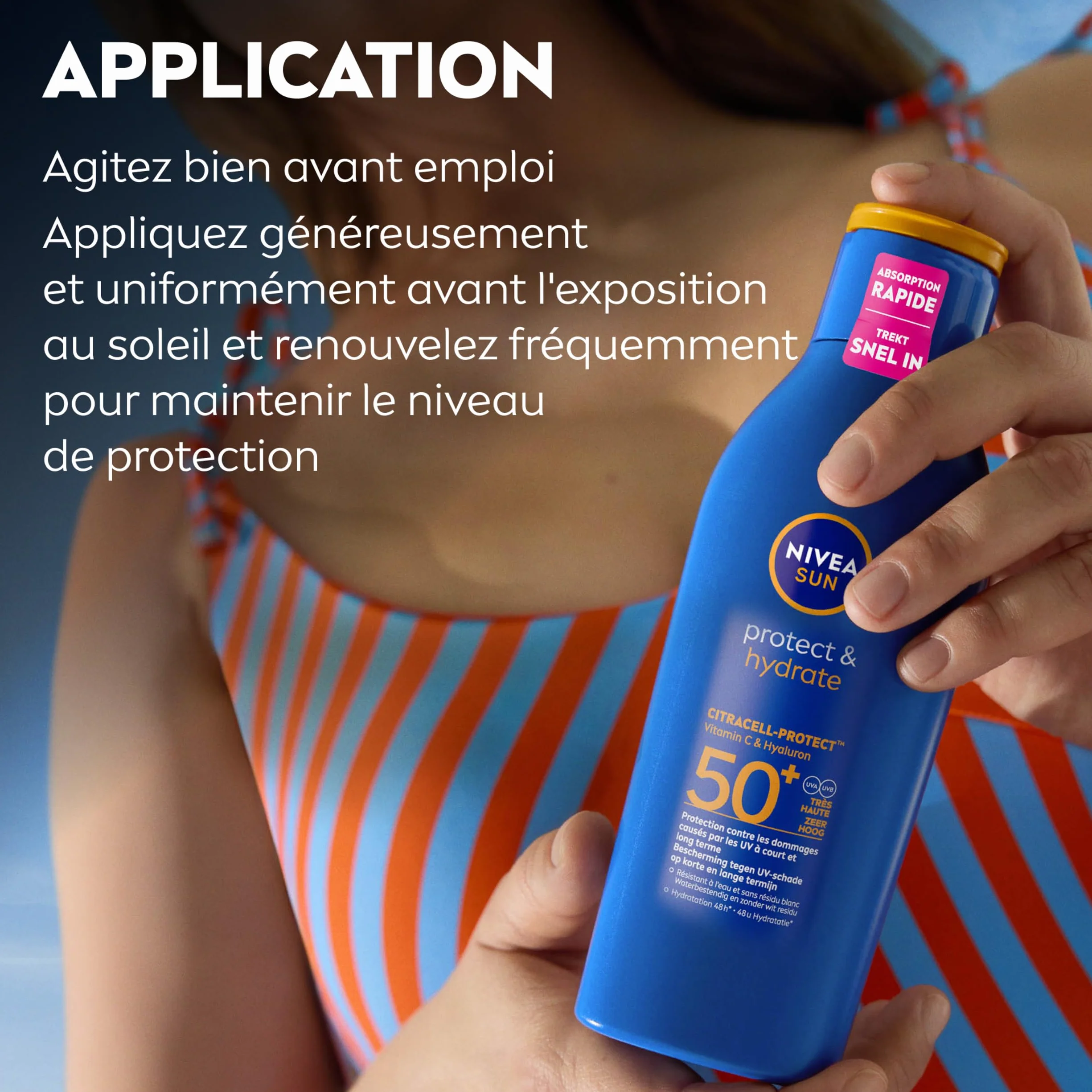 NIVEA SUN Lait Solaire Protect & Hydrate SPF 50+ 400 ml Crème Solaire résistante à l'eau Haute Protection Visage et Corps