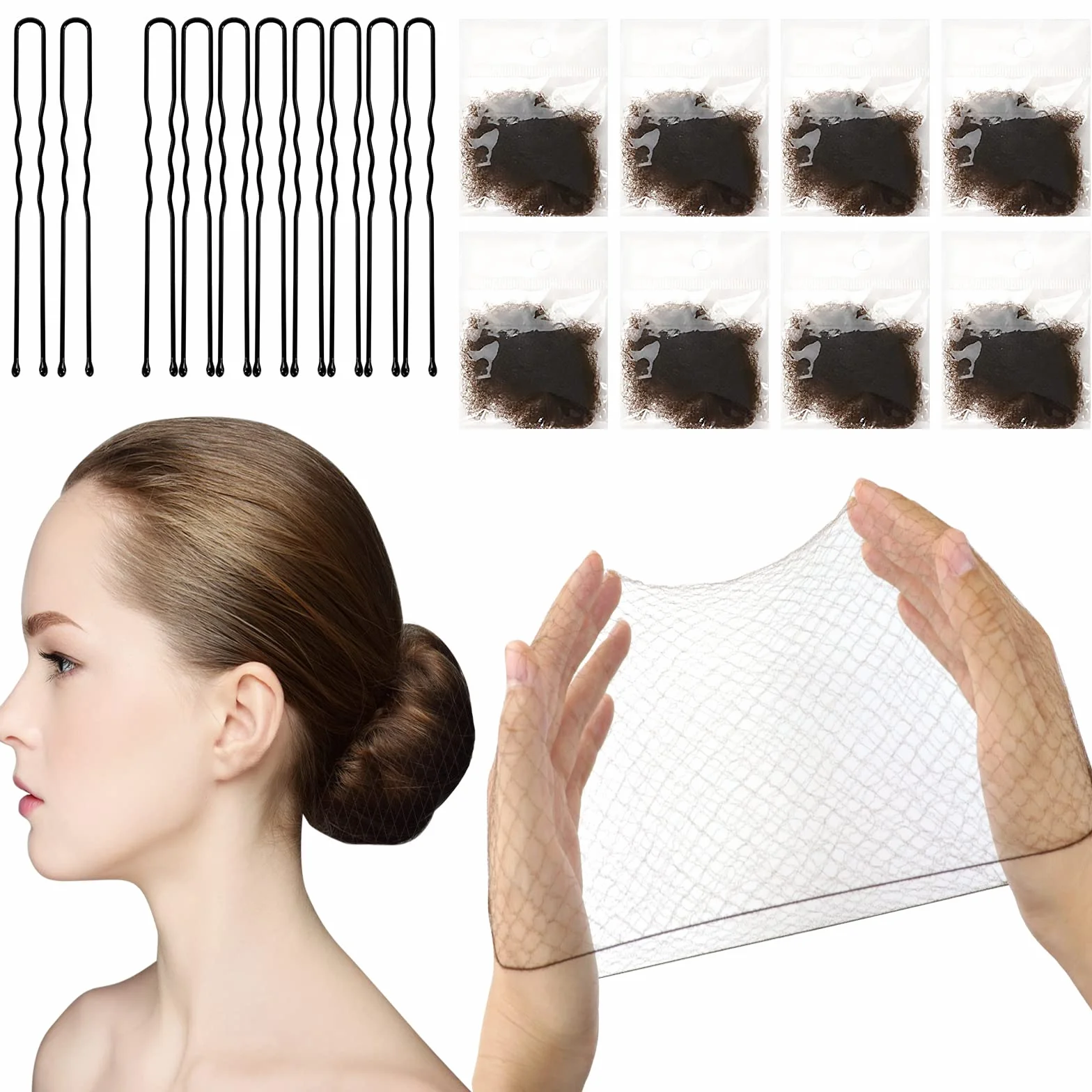 Filet Chignon 24 Pièces Filets À Cheveux Élastiques Invisibles 10 Pcs U Forme Pince Bord Maille Ballet Danse Marron
