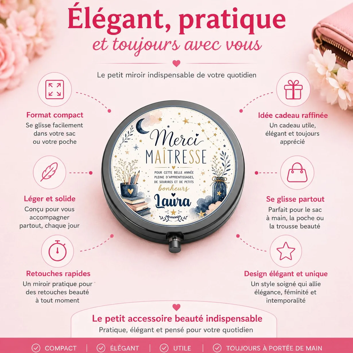 Miroir de Poche Personnalisé avec Prénom – Cadeau Maîtresse Original Fin d'Année Scolaire – Miroir Compact Femme