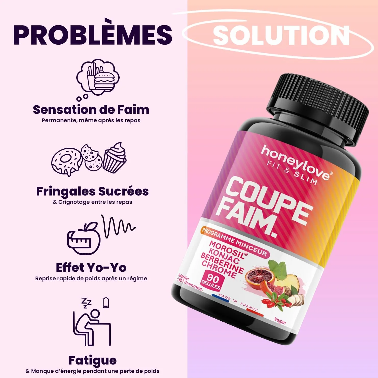 Coupe Faim Puissant Konjac Morosil Berbérine Chrome 90 Gélules Anti-Fringales Gestion Appétit Minceur Perte de Poids Naturel Vegan