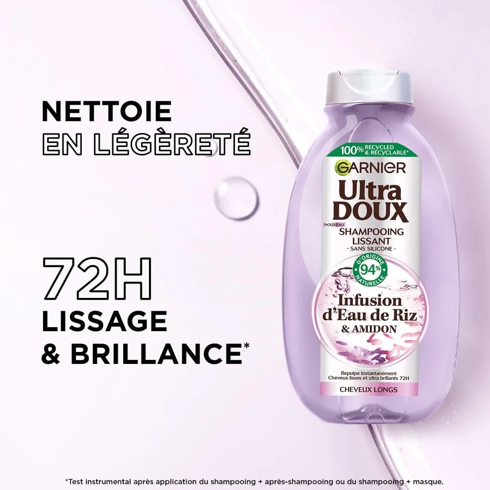 Garnier Ultra Doux Shampooing Lissant Douceur & Brillance Infusion Eau de Riz Cheveux Rebelles 250 ml