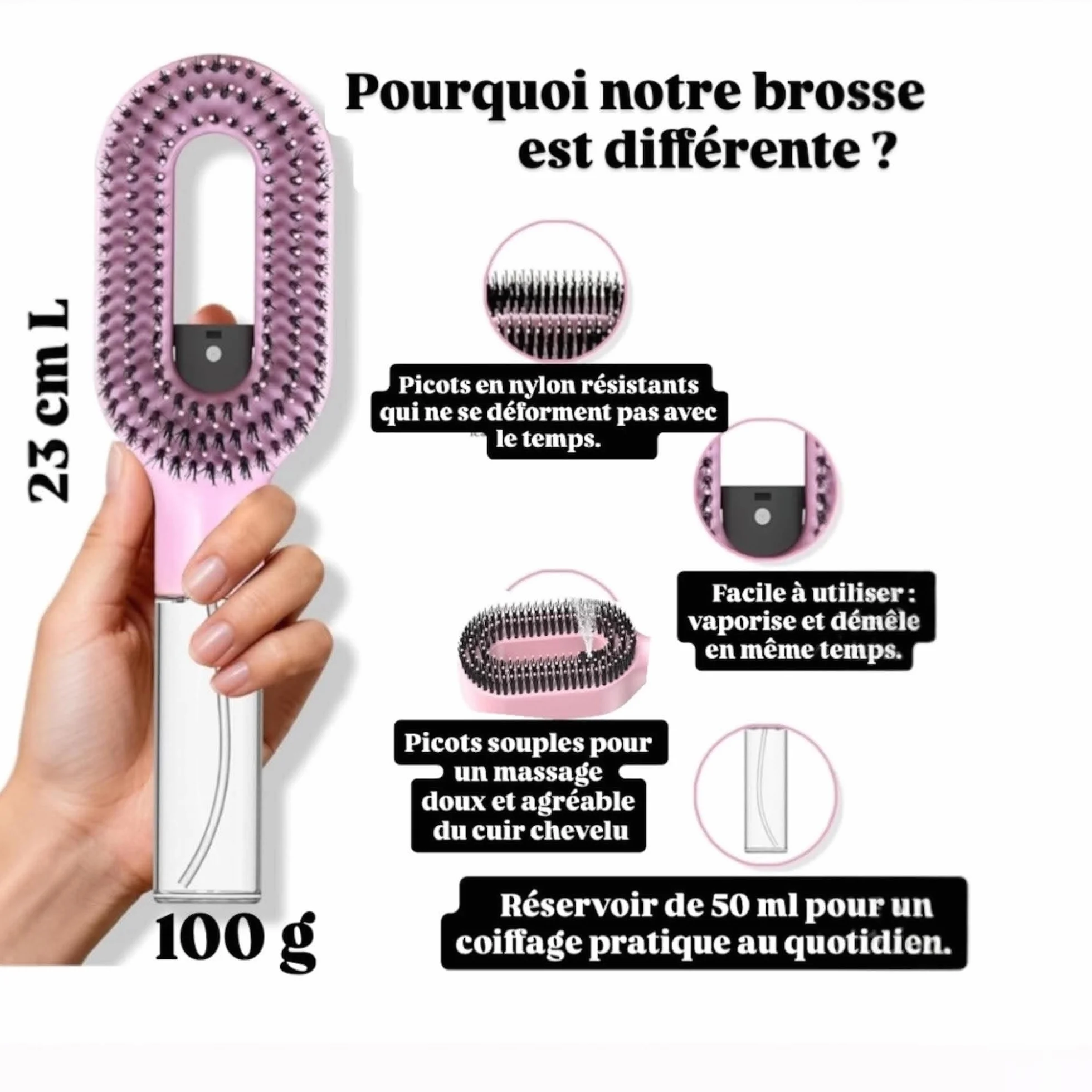 Brosse à Cheveux Démêlante Magique avec Spray Intégré, Anti-Statique pour Cheveux Fins et Fragiles, 2-en-1 Vaporisateur Hydratant, Rose