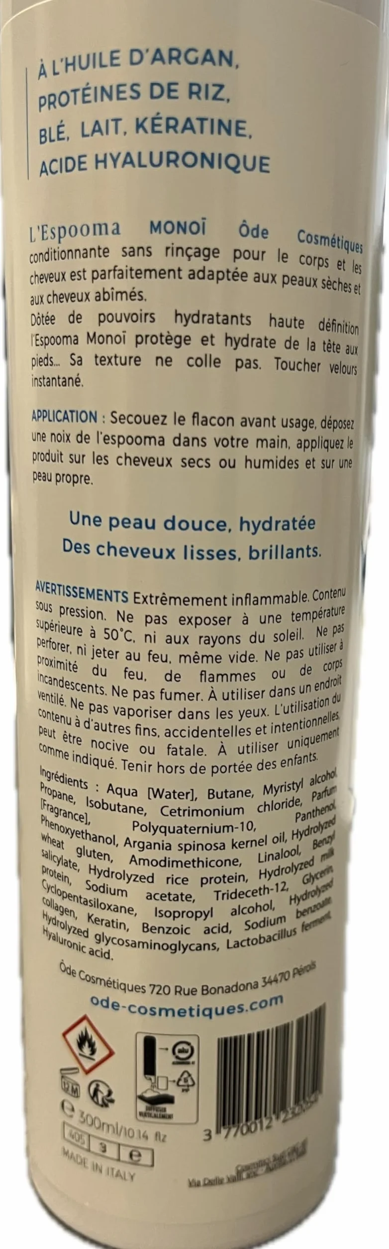 Mousse hydratante corps et cheveux "Espooma Monoï" Peau douce, parfumée et hydratée, cheveux lisse et brillant