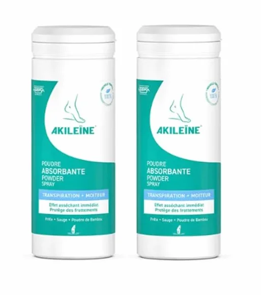 Akileine Poudre absorbante anti-transpirante pour pieds 75g. Lot de 2.