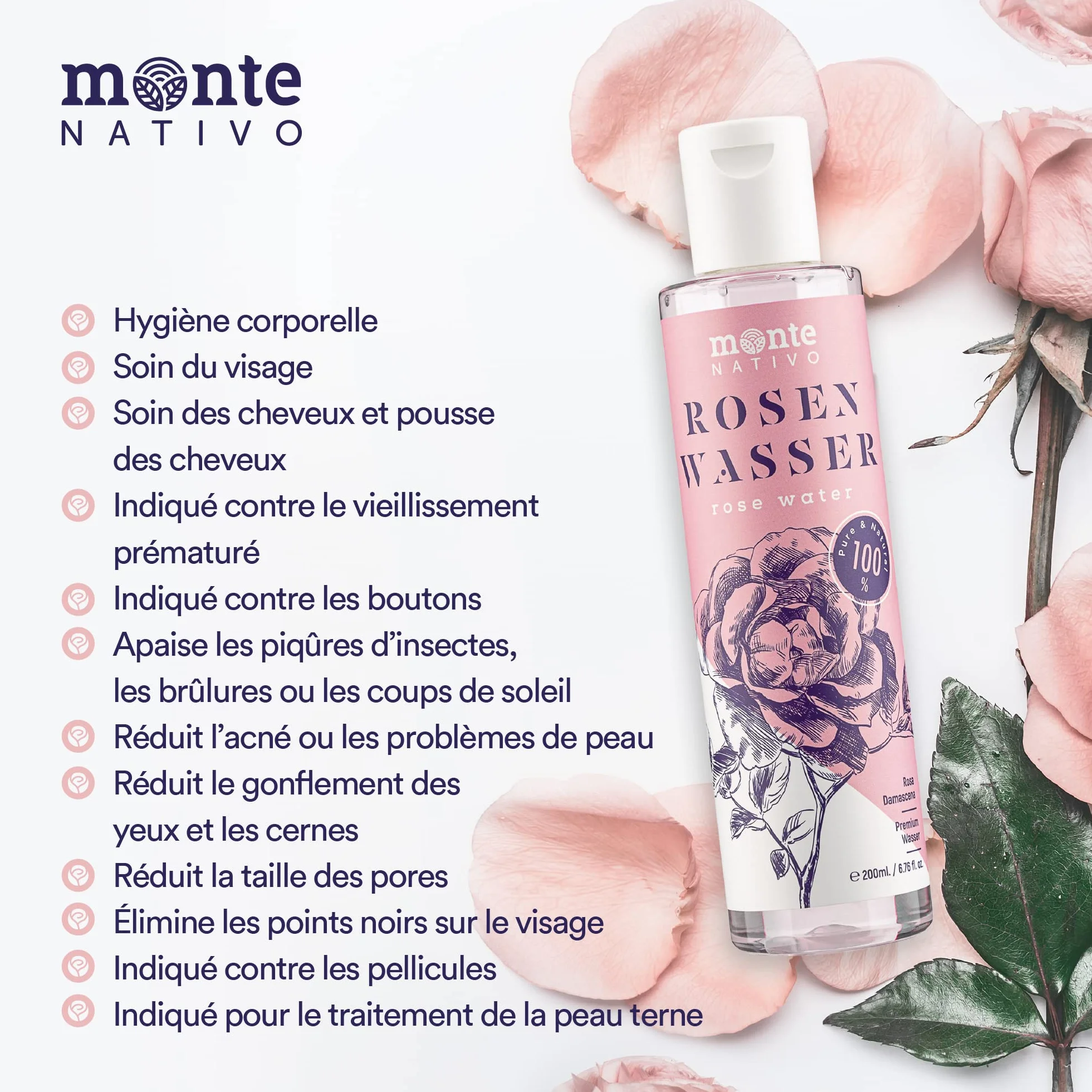 MonteNativo Eau de Rose Hydrolat 500ml Lotion Tonifiante Visage Triple Purification