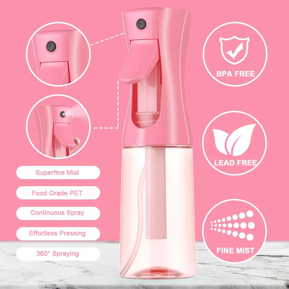 Vaporisateur Cheveux 200ML Flacon Pulvérisateur à Brume Fine Atomiseur Pression Ultra Fine Pulvérisation Continue Plantes Salon Coiffure Soin Peau Nettoyage Rose Transparent