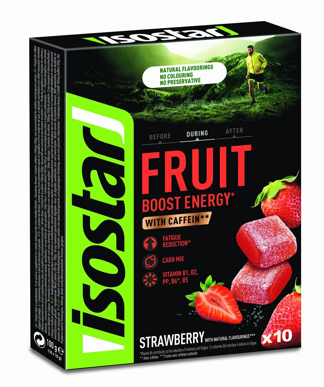 ISOSTAR Energy Fruit Boost Pâtes de Fruits Sport Saveur Fraise Réduction Fatigue Caféine Arôme Naturel Sans Colorant Sans Conservateur 1 Boîte 10 Carrés 10 x 10 g