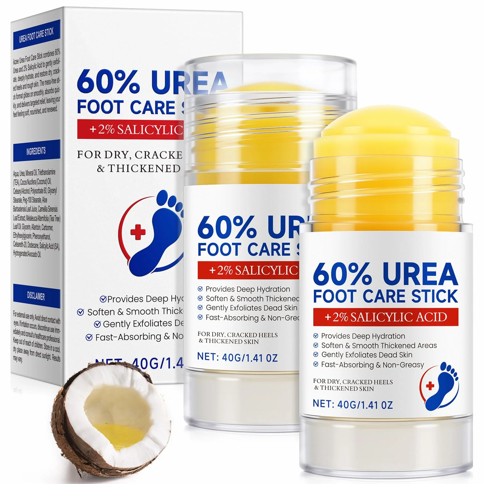 Crème pour pieds à 60% urée et 2% acide salicylique, barre réparatrice talons fissurés, hydratante mains coudes