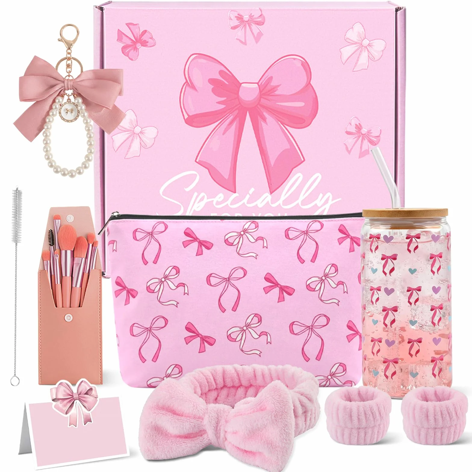 Cadeaux pour Filles de 9 10 11 12 13 14 15 16 Ans,Coffret Cadeau Femme,Anniversaire Fille Trousse, Verre, Pinceaux Maquillage Bandeau, Carte