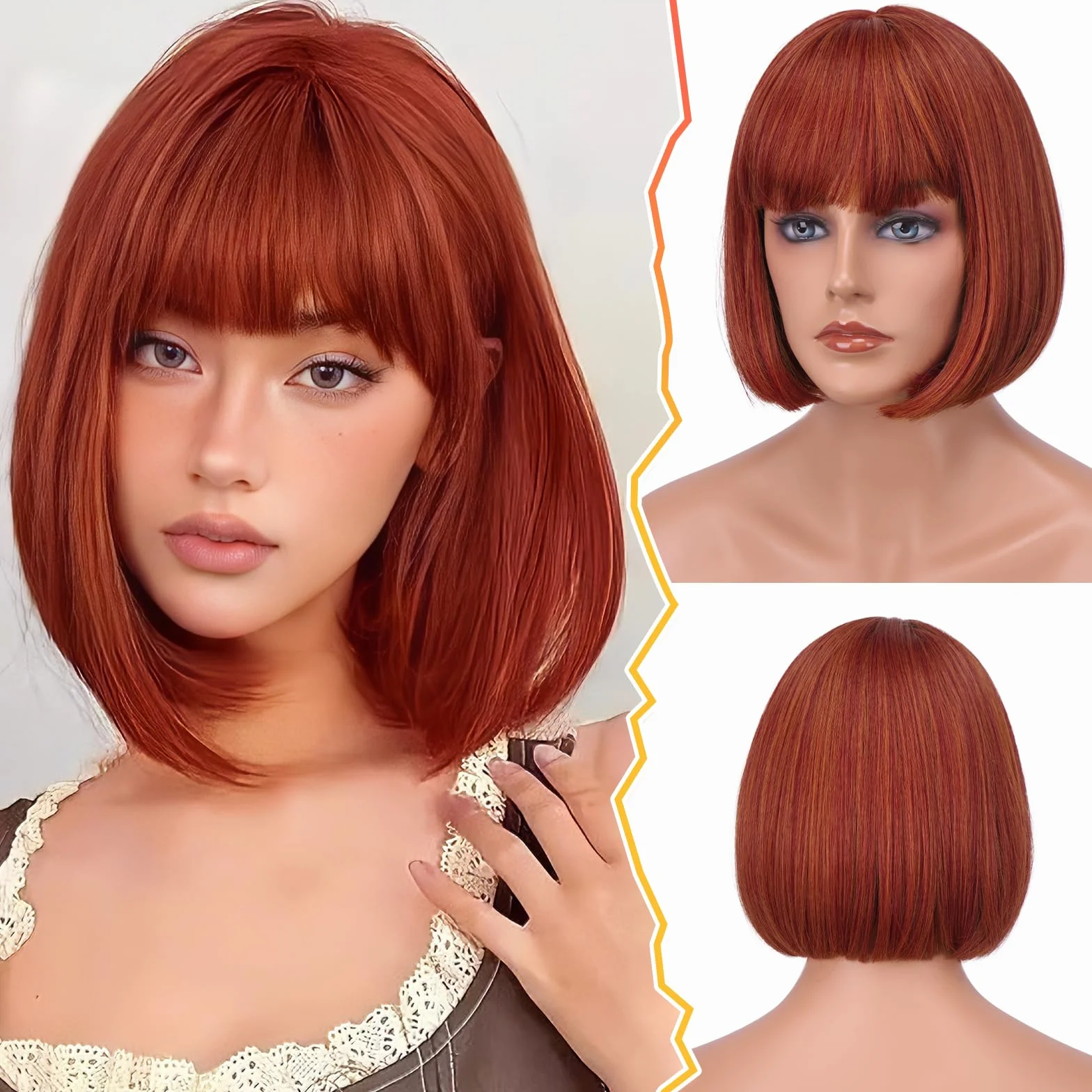 BARSDAR Courte Cuivré Bob Perruque avec Franges, Courte Bob Auburn Perruque avec Franges pour Femmes 30cm Chic Longueur Synthétiques Perruques D'aspect Naturel Fêtes Halloween Bobs Perruques