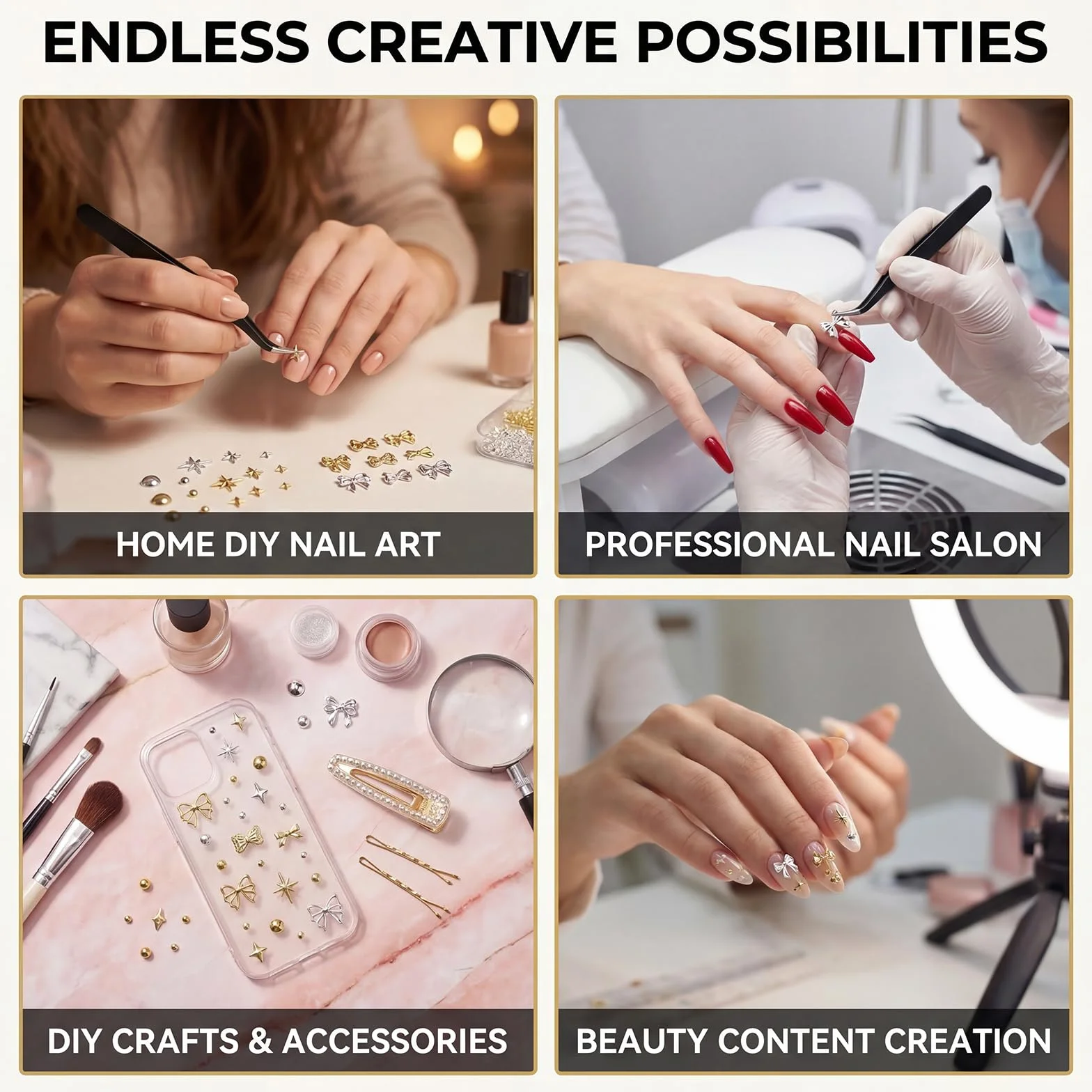 Lot de 3 boîtes de breloques à ongles dorées et argentées - Accessoires nail art avec pince à épiler