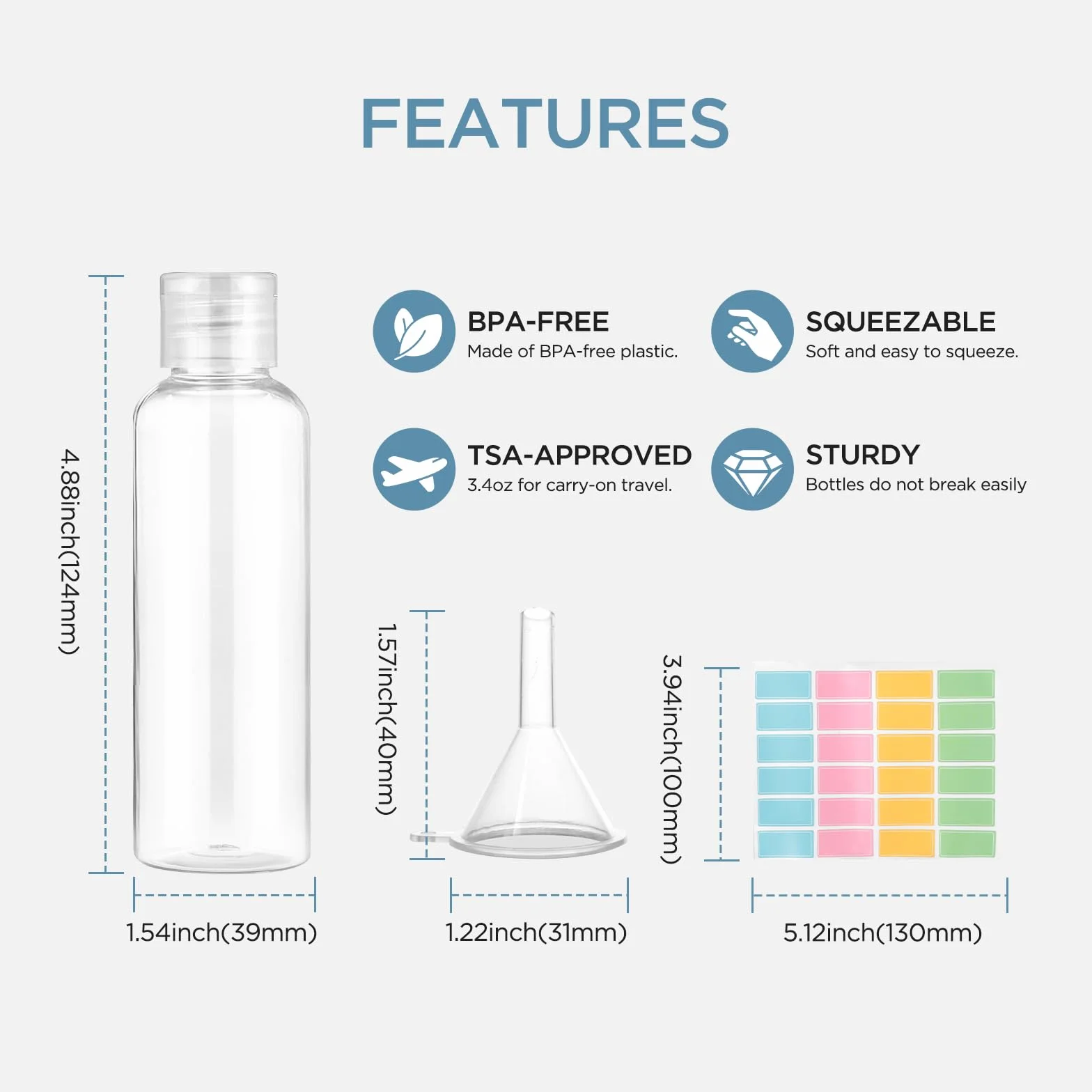 Romon 6 Pièces 100ml Vides en Plastique Transparent Kit Voyage Avion avec 2 Entonnoirs 24 étiquettes