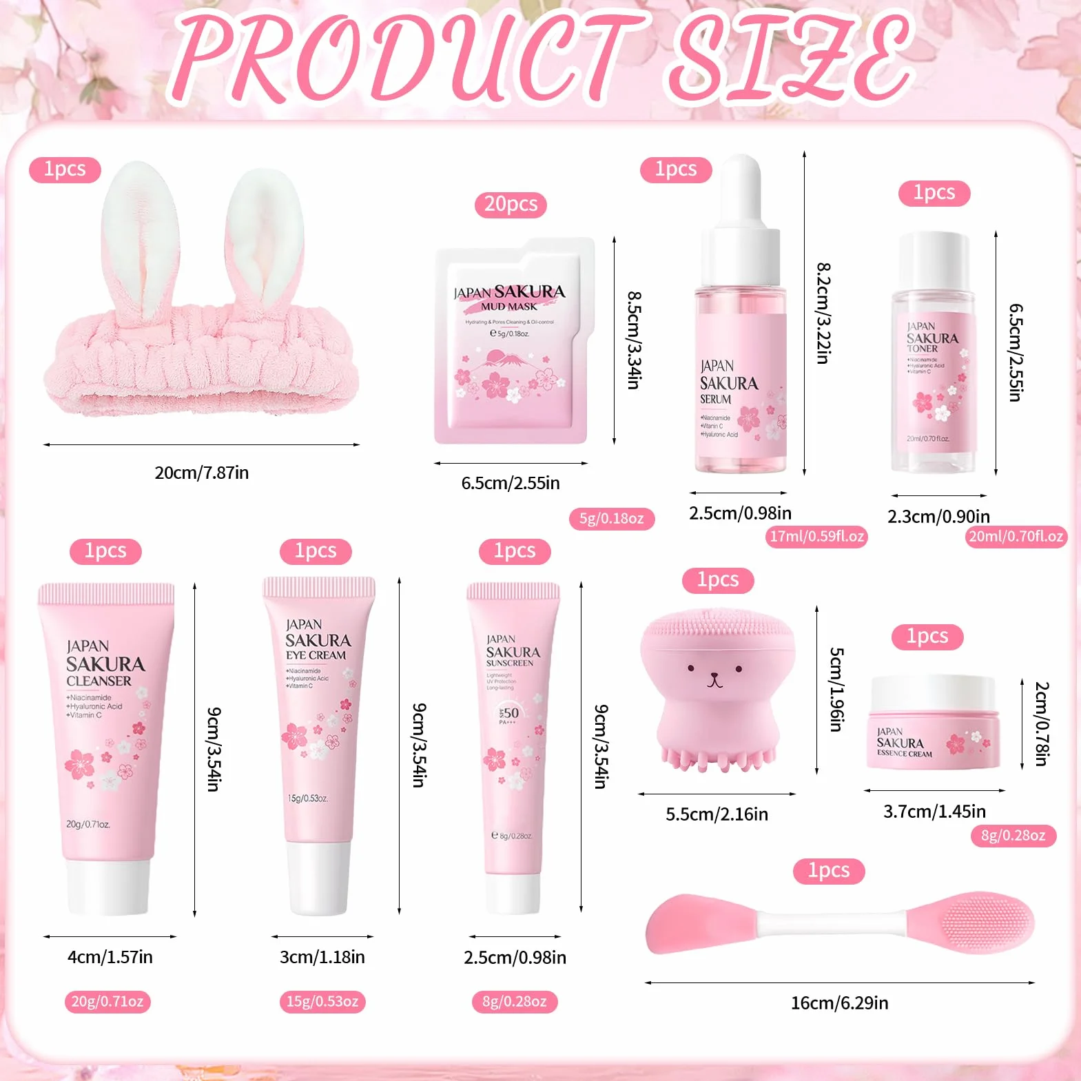 Sakura Ensemble de Soins de la Peau 29 Pièces Coffret Cadeau Crème Nettoyante Toner Sérum Masque de Boue