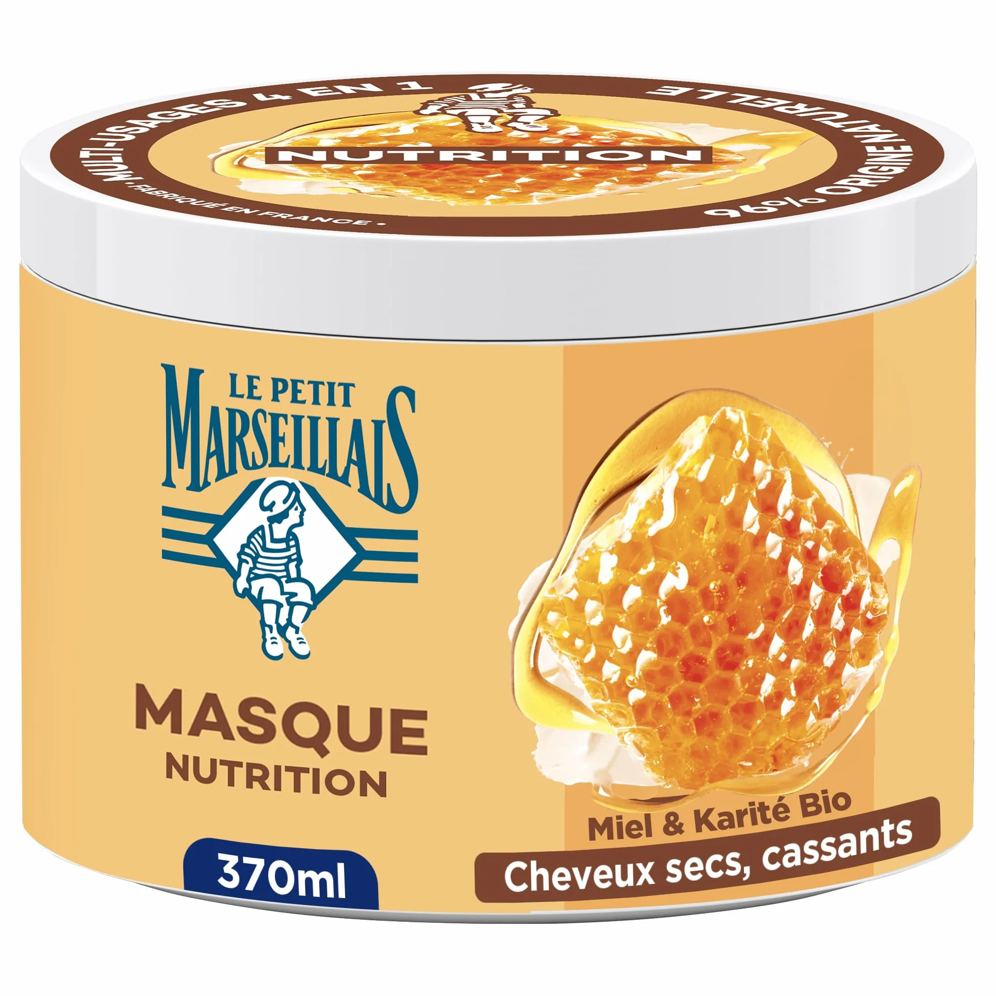 Le Petit Marseillais Masque 4 en 1 Nutrition Miel de Provence et Karité Bio 370 ml Masque Capillaire Cheveux Secs et Cassants Soin Sans Silicone 96% d'Origine Naturelle