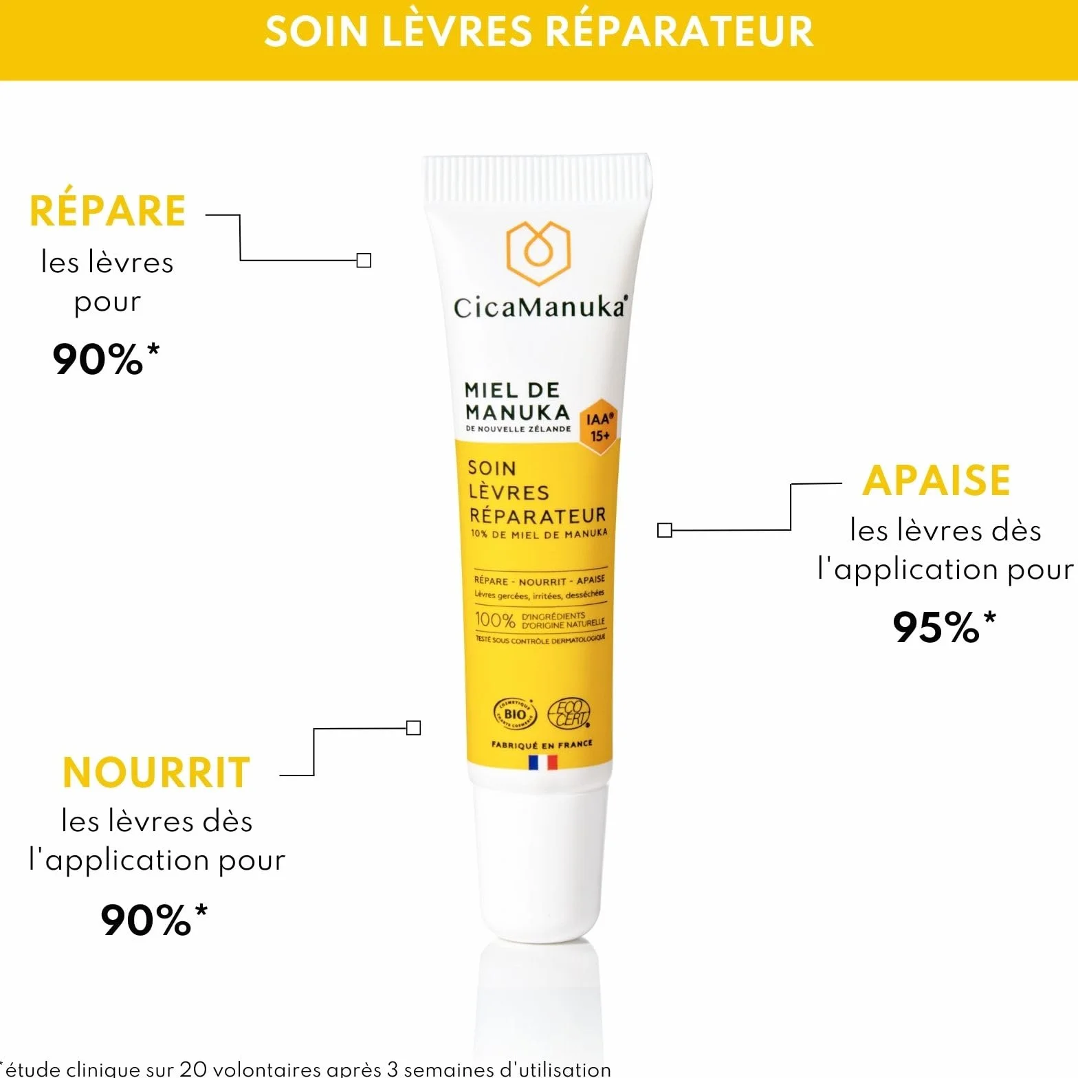 CICAMANUKA Soin lèvres réparateur au miel de Manuka IAA15+ Certifié Bio 15ml