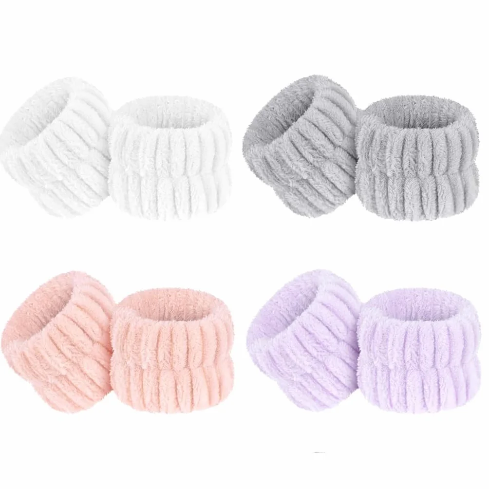 Bracelets de Lavage de Visage Absorbants, Bandeau Maquillage Skincare, Protege Poignet, 4 Paires, Rose Gris Blanc Violet