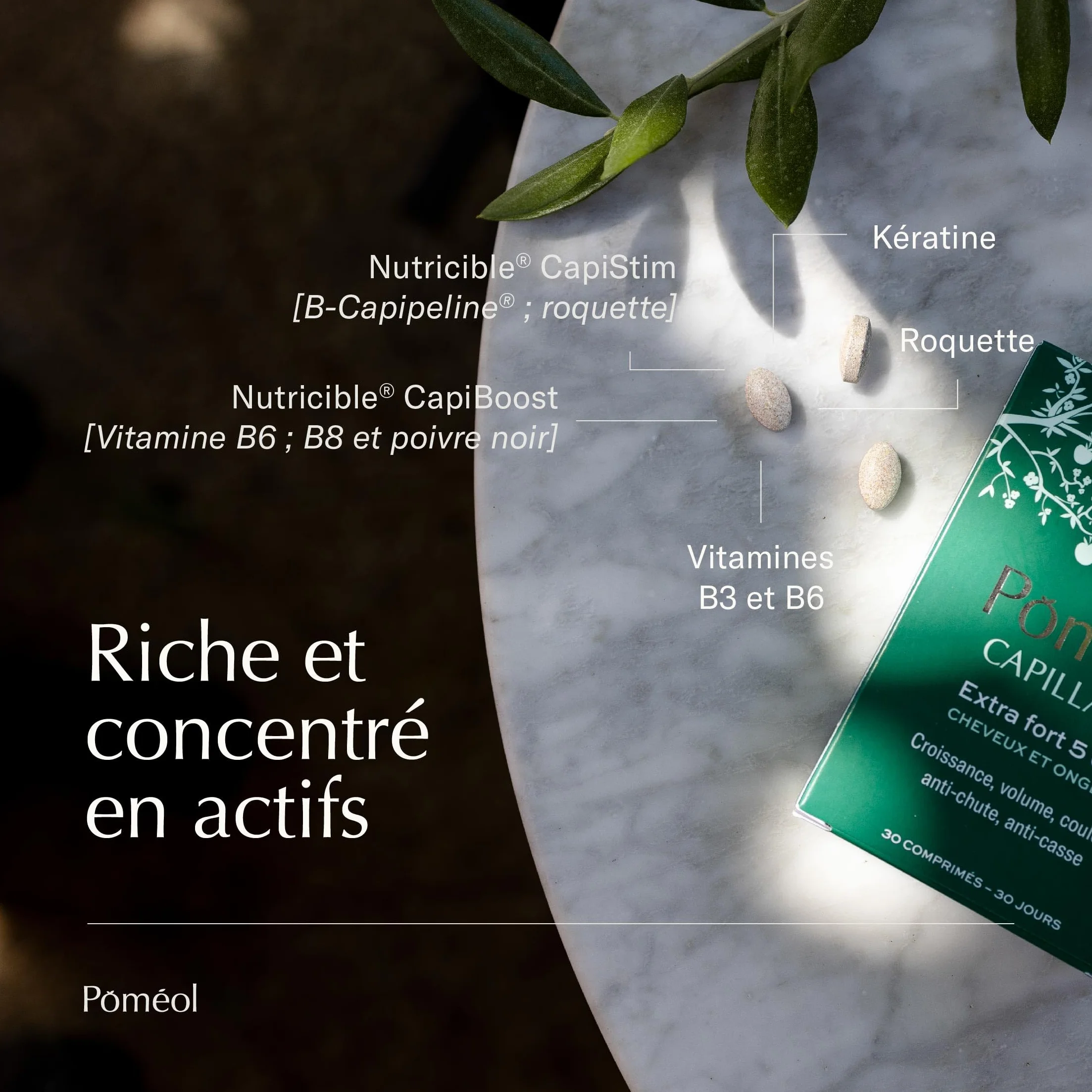 POMÉOL Pousse Croissance Anti-chute Complément Alimentaire Cheveux Kératine Roquette Myrtille 90 jours
