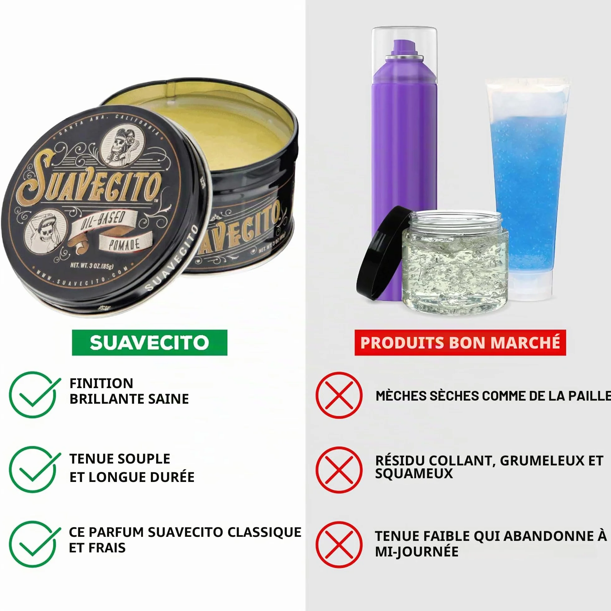Pommade à base d'huile Suavecito, tenue moyenne et durable, brillance saine, adaptée à tous les types de cheveux, à appliquer sur cheveux mouillés ou secs 3oz/85g
