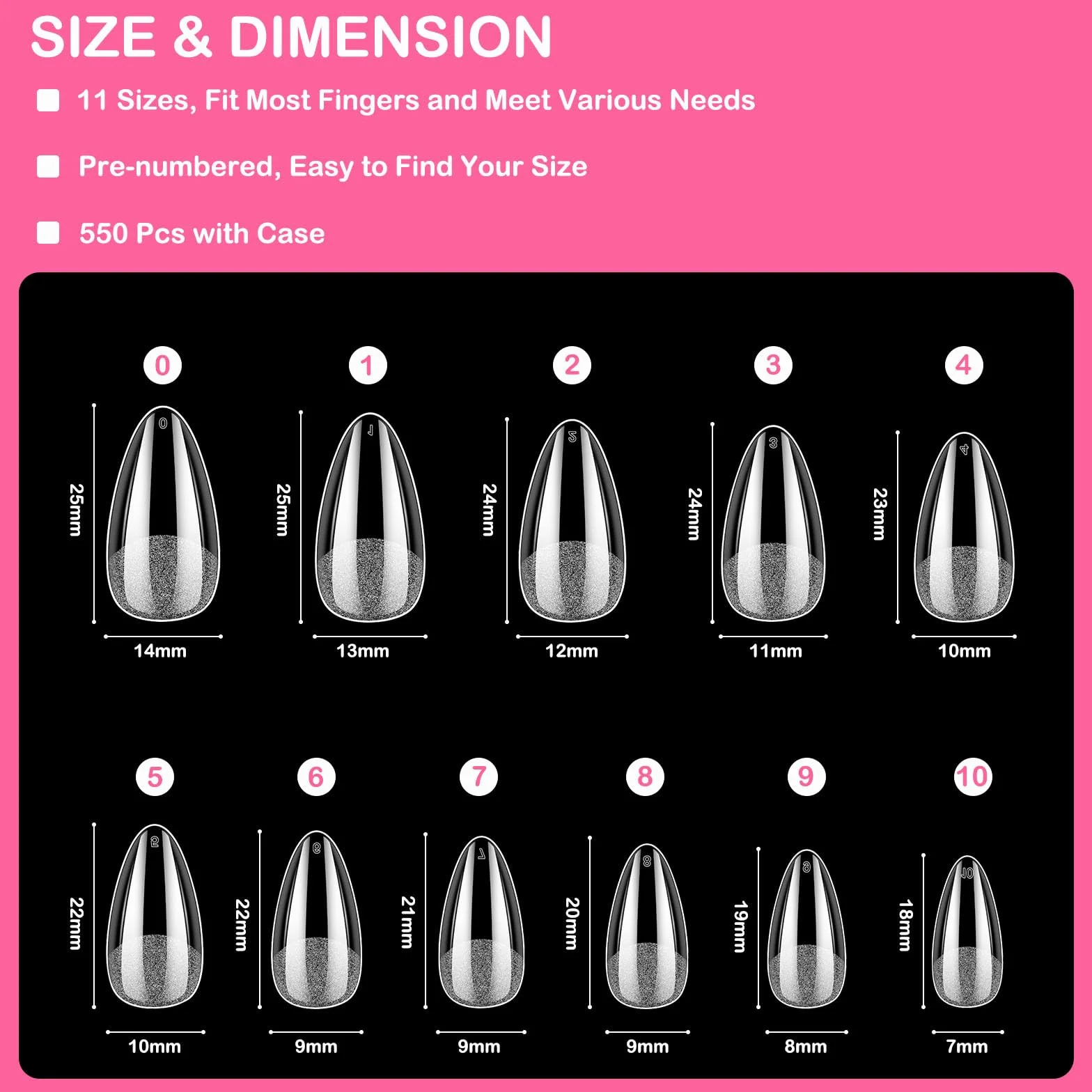 Capsule Americaine Ongle Amande 550 Pièces 11 Tailles Faux Ongles Gel Couverture Complète Semi Givré Manucure