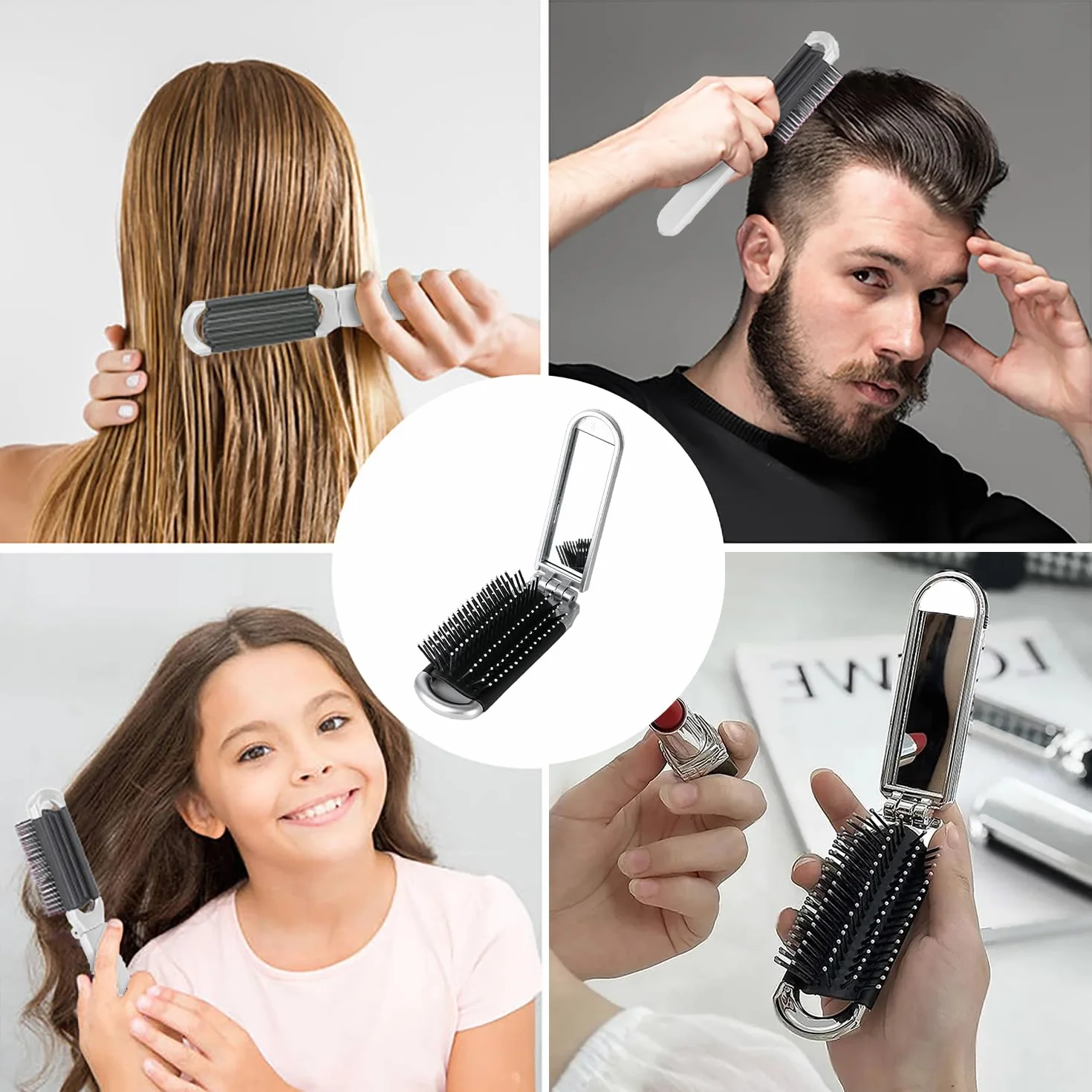 Brosse à Cheveux Pliable avec Miroir de Voyage Argent