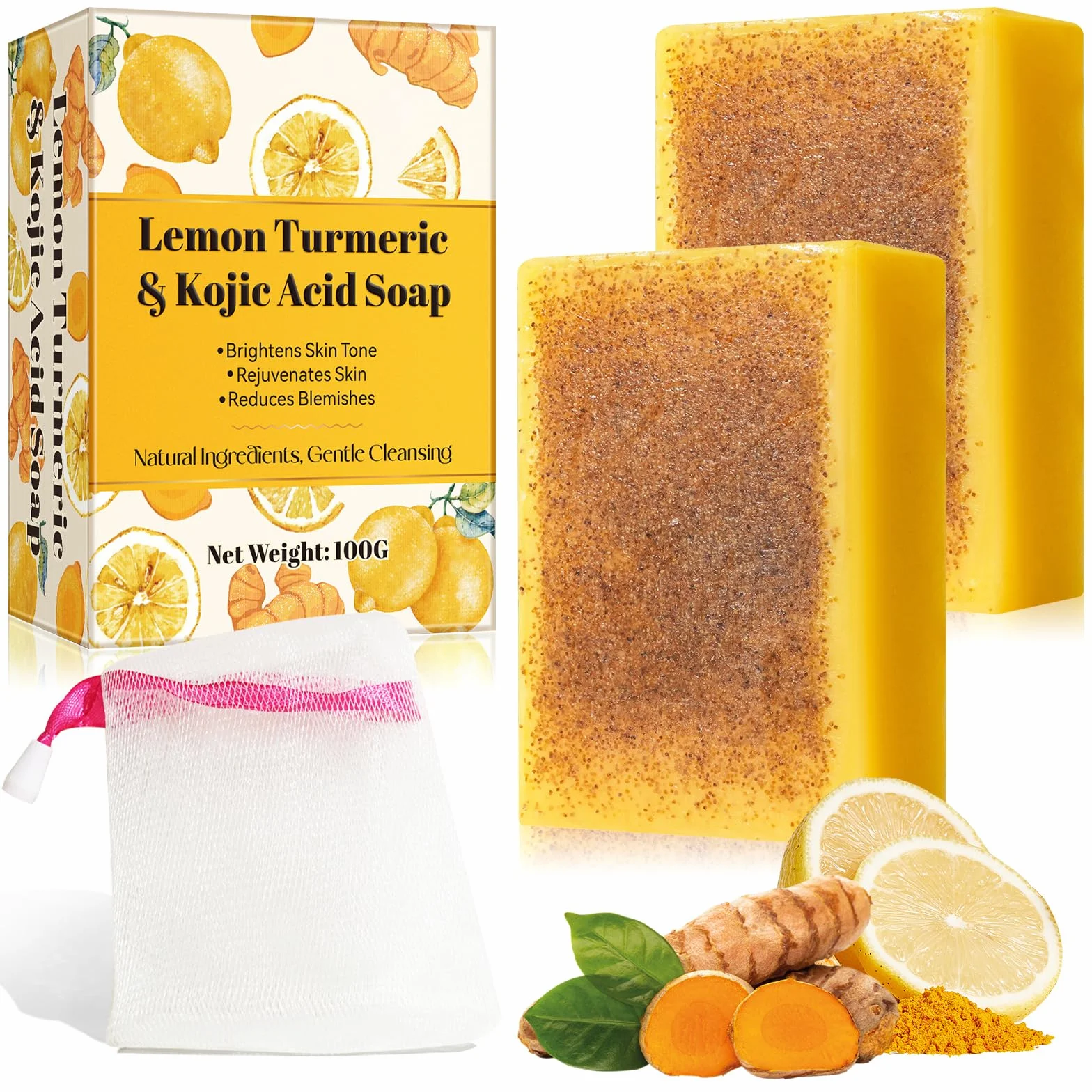 Savon au curcuma au citron éclaircissant nettoyage en profondeur peau lisse acide kojique visage corps