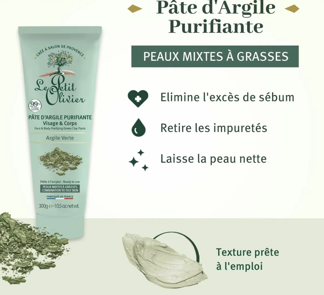 LE PETIT OLIVIER Pâte d'Argile Purifiante Argile Verte 300g Visage & Corps Peaux Mixtes a Grasses