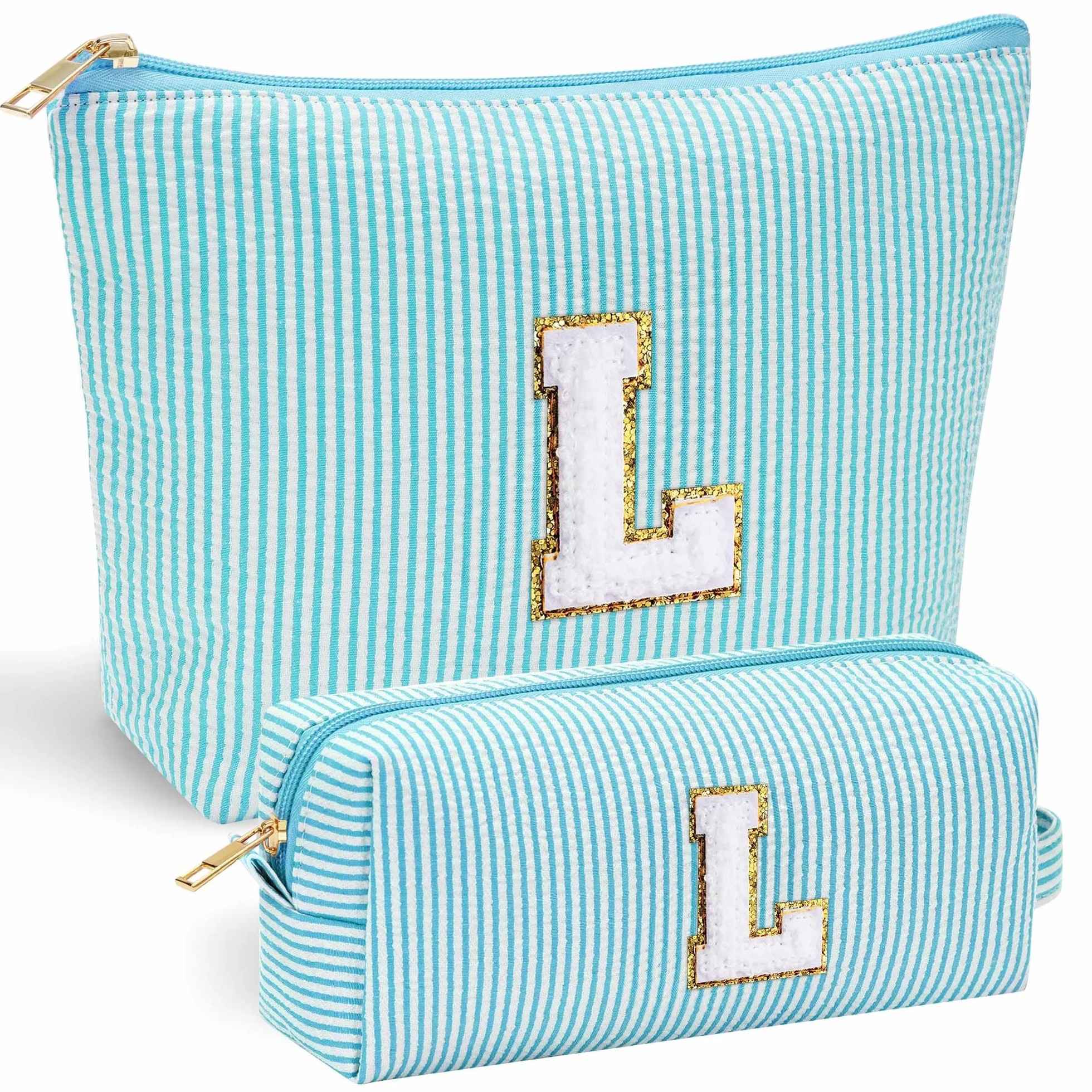 Trousse de maquillage personnalisée avec lettres A-Z, cadeau anniversaire femme fille, bleu clair, L