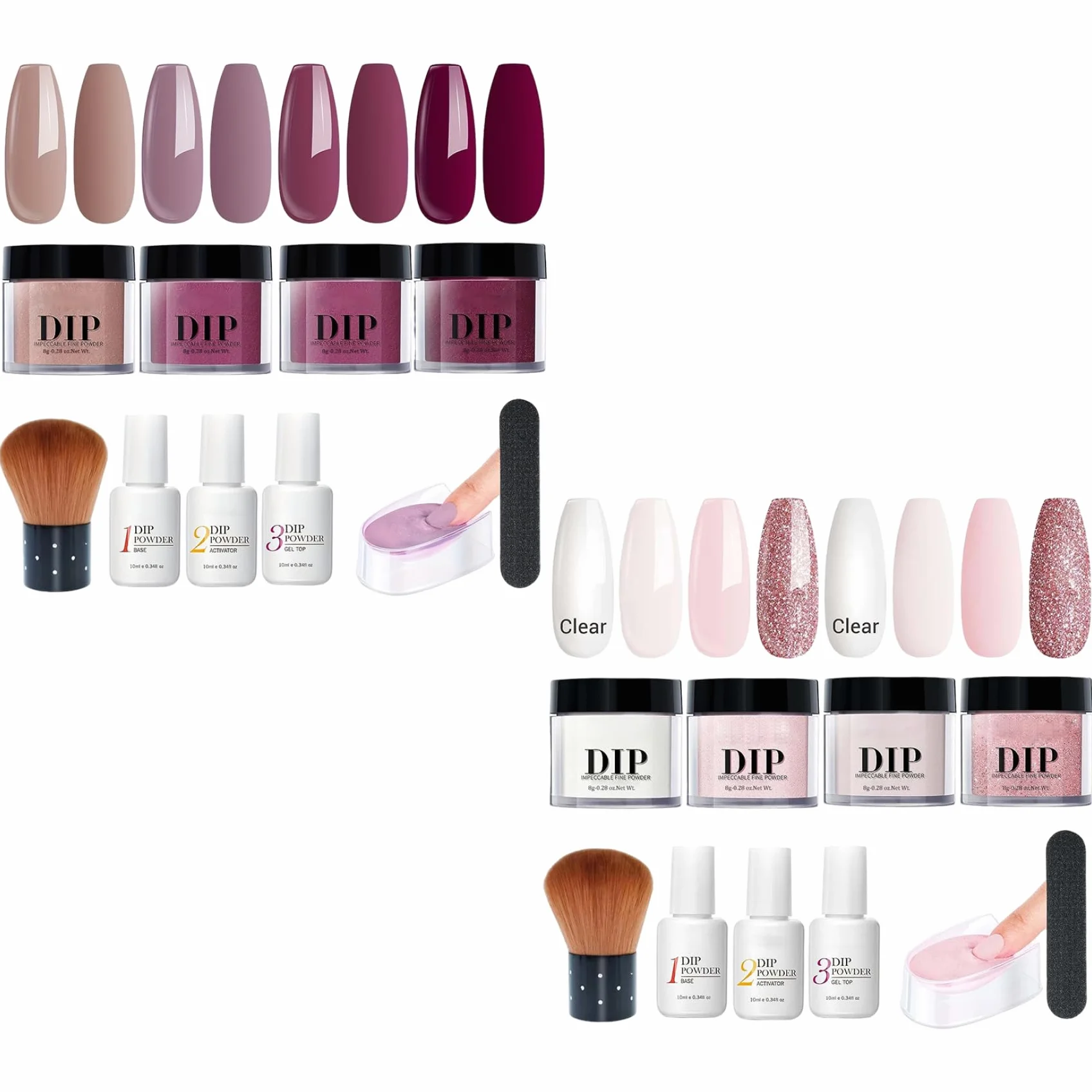Kit de poudre de trempette à ongles 4 couleurs avec base et top coat