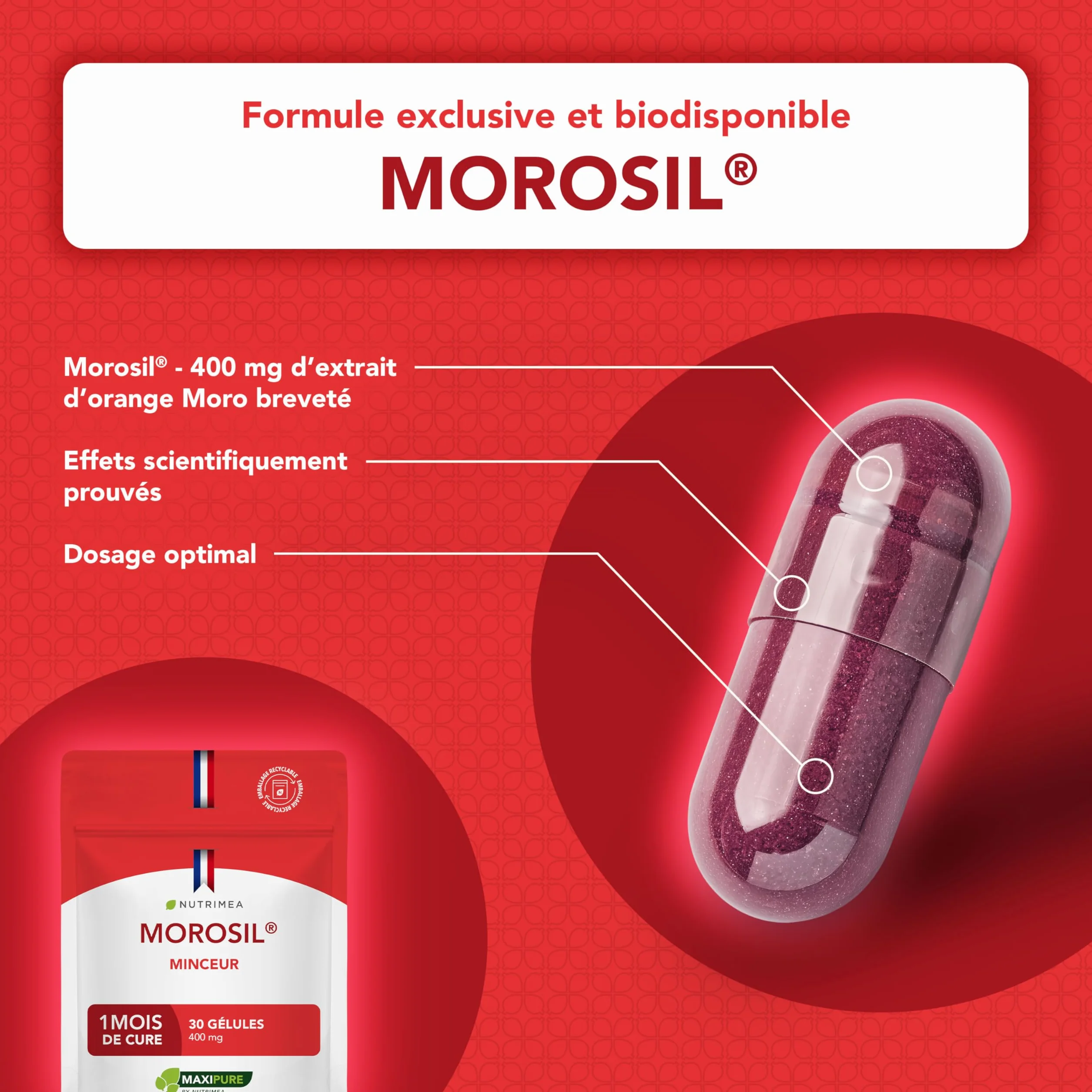 Nutrimea MOROSIL® 400 mg Extrait d’Orange Moro Breveté 30 Gélules Vegan Fabriqué en France
