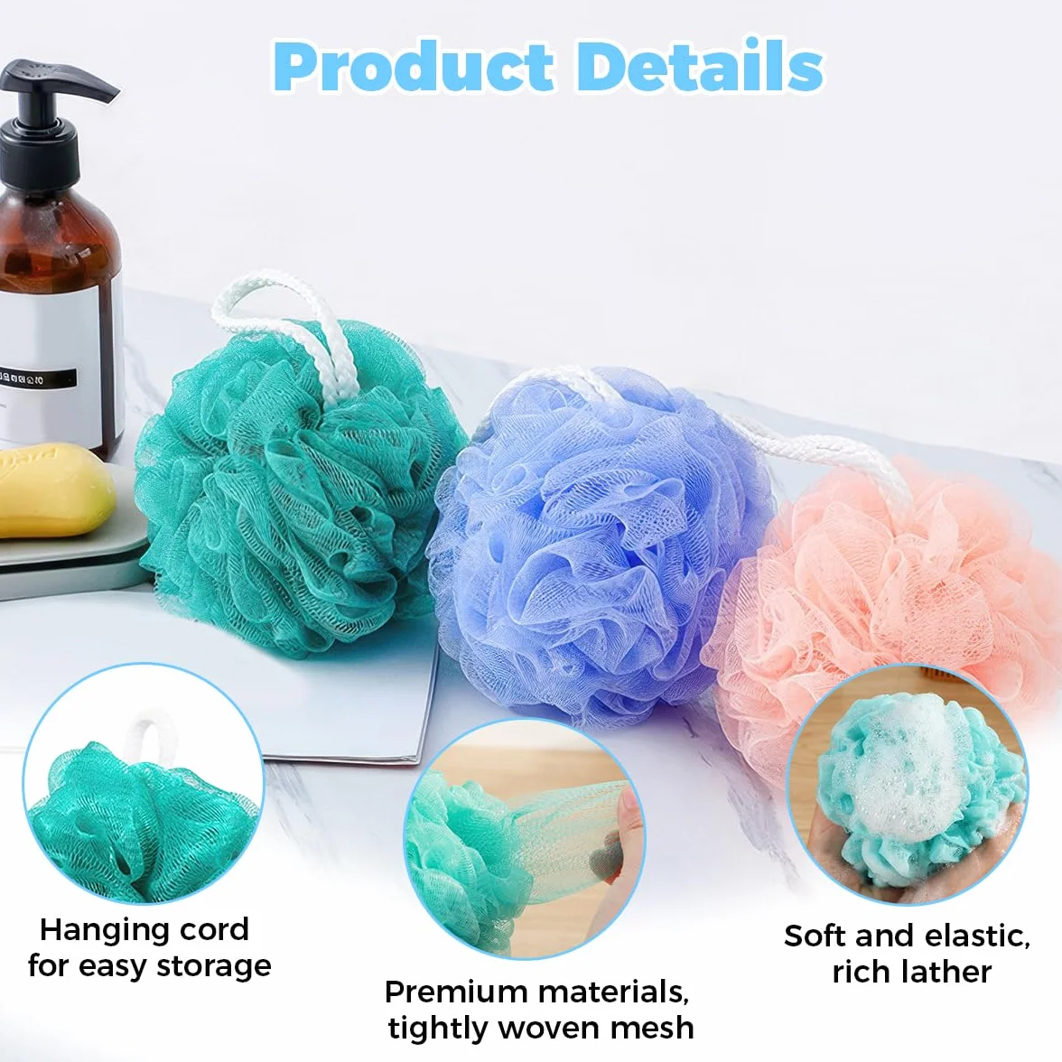 Maille Moussante Fleur de Douche Lavable 6 Pièces 40 g Éponge de Douche aux Belles Couleur