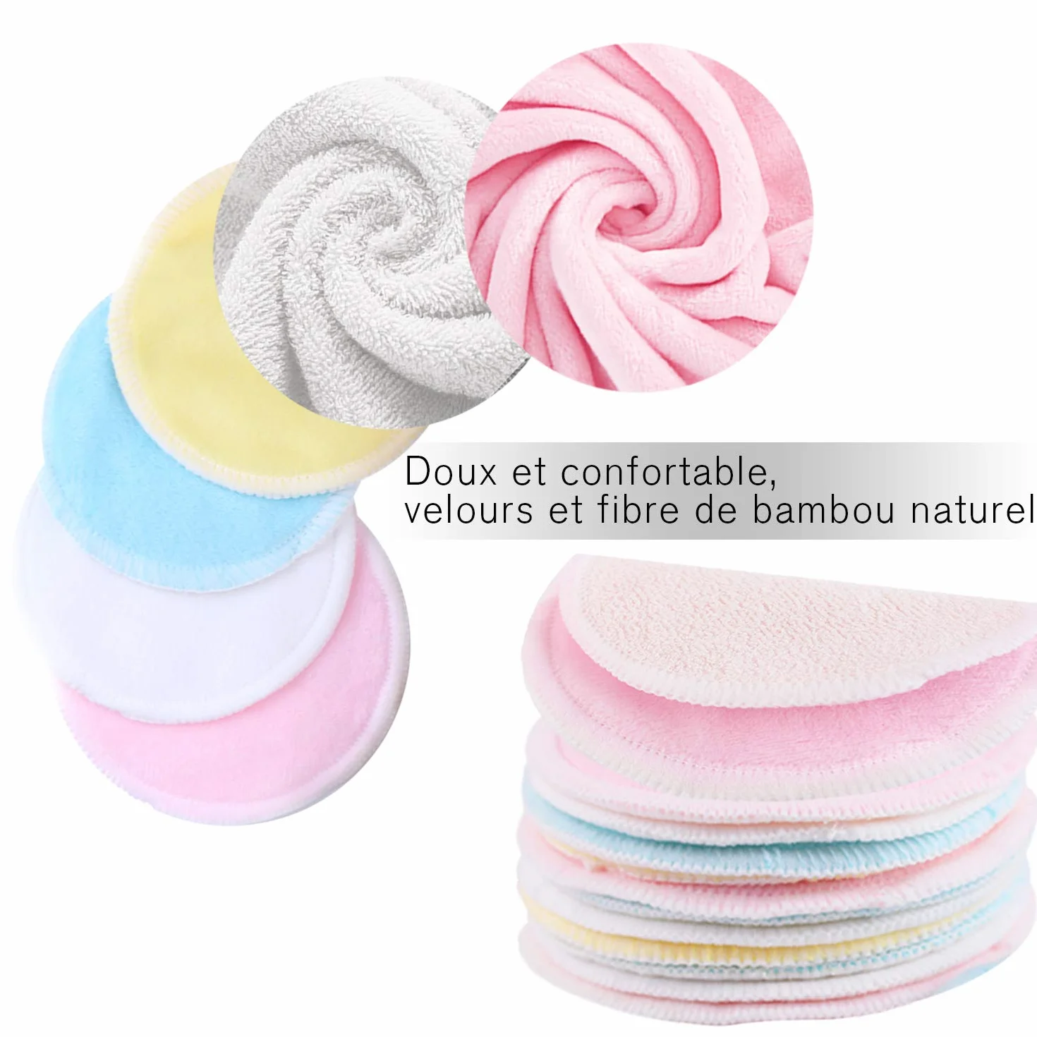 Tampons Démaquillants Fibre de Bambou Lavables 16pcs + 2 Sacs de Lavage