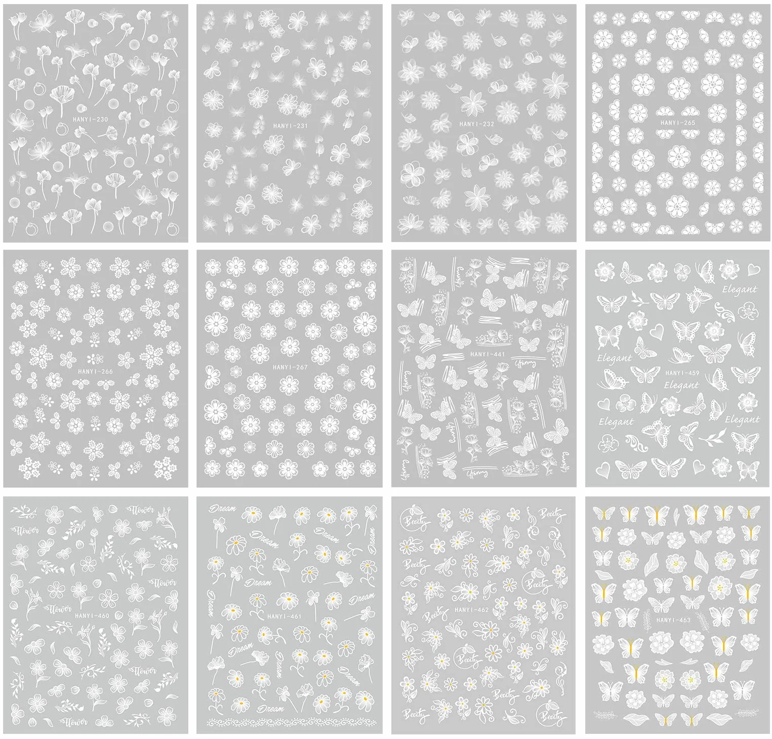 Stickers Ongles Fleur Blanc Printemps Été Nail Art Autocollants Autoadhésif Manucure 12 Feuilles