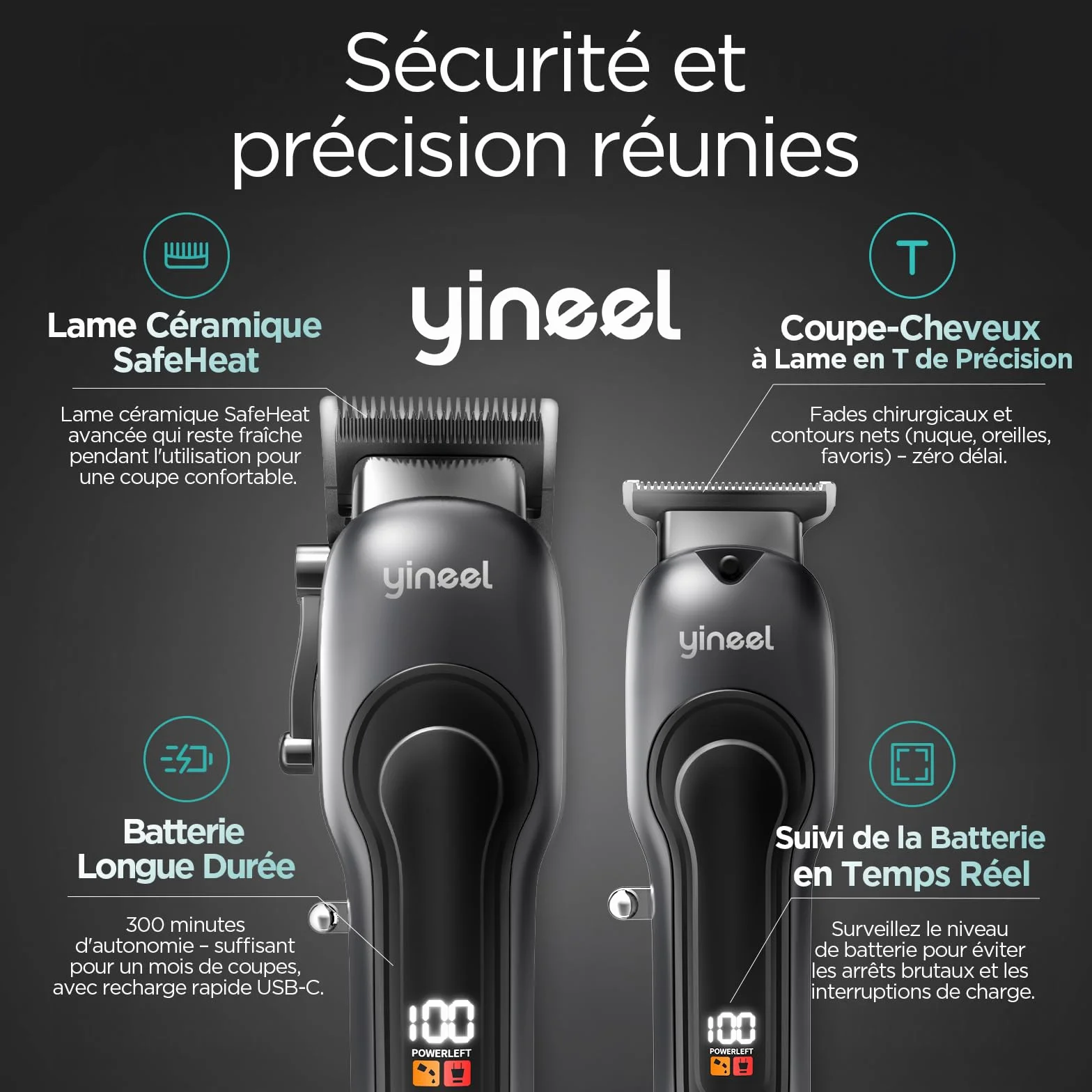 Yineel Tondeuse Cheveux Hommes Professionnelle, Kit Tondeuse Barbe et Cheveux sans Fil, Tondeuse Électrique avec Lame Céramique et Coupe-Cheveux de Précision, Cadeau pour Homme/Femme/Famille/Barbiers